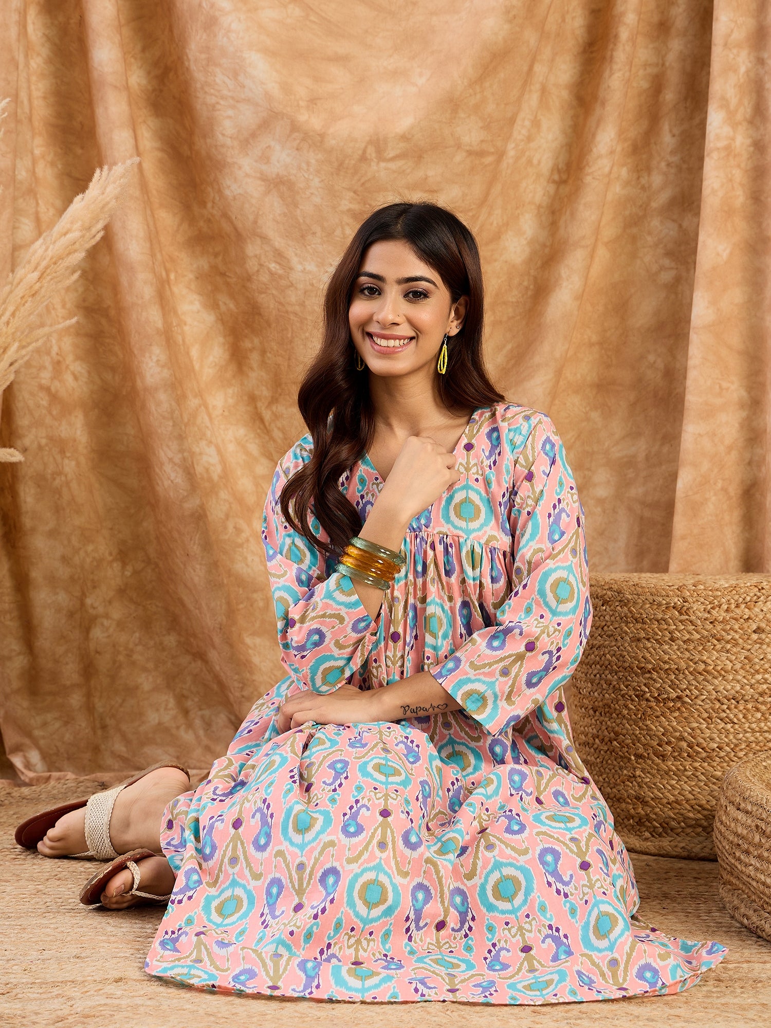 Peach Blue Ikkat V Neck Kurta Set