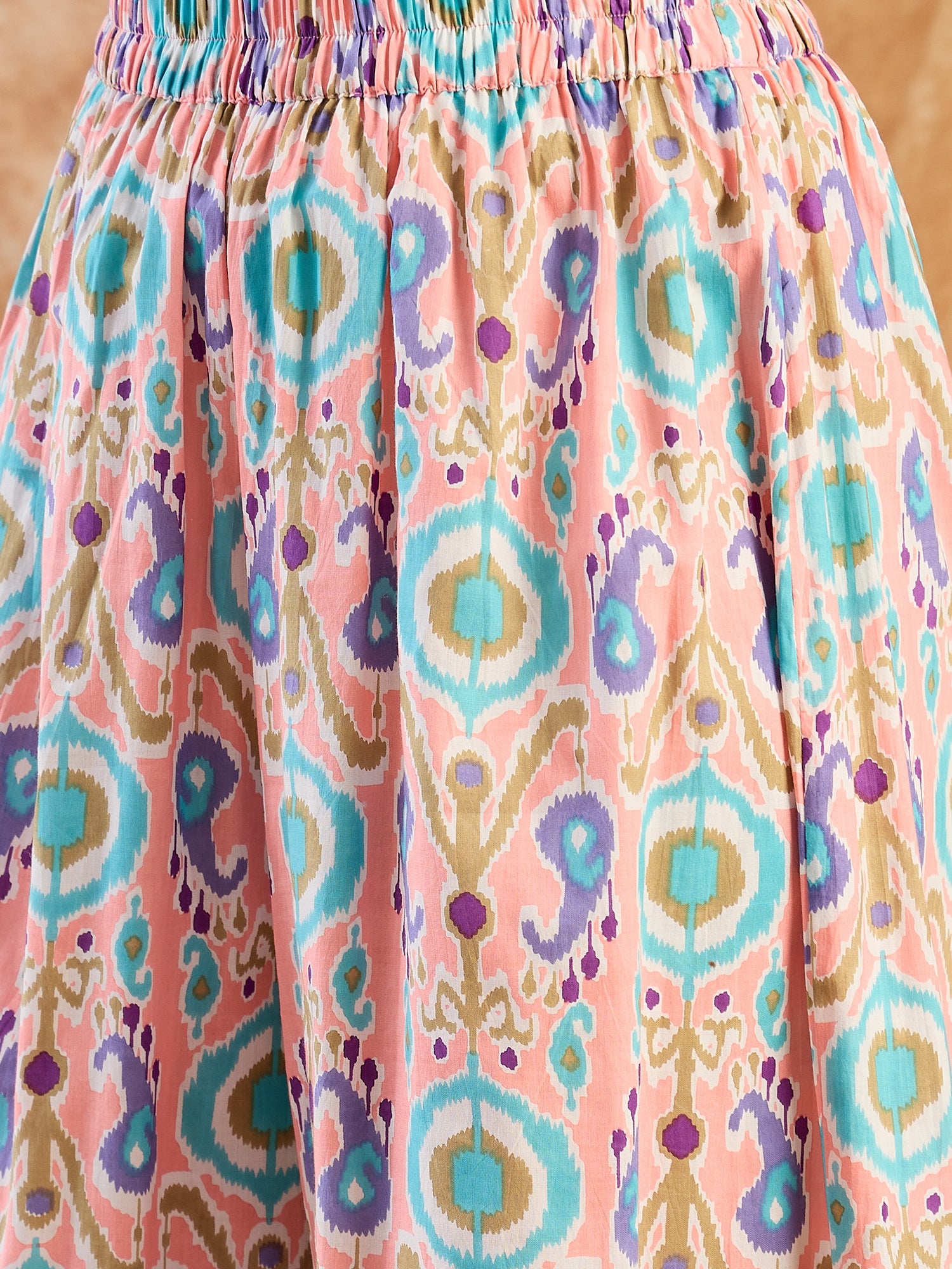 Peach Blue Ikkat V Neck Kurta Set