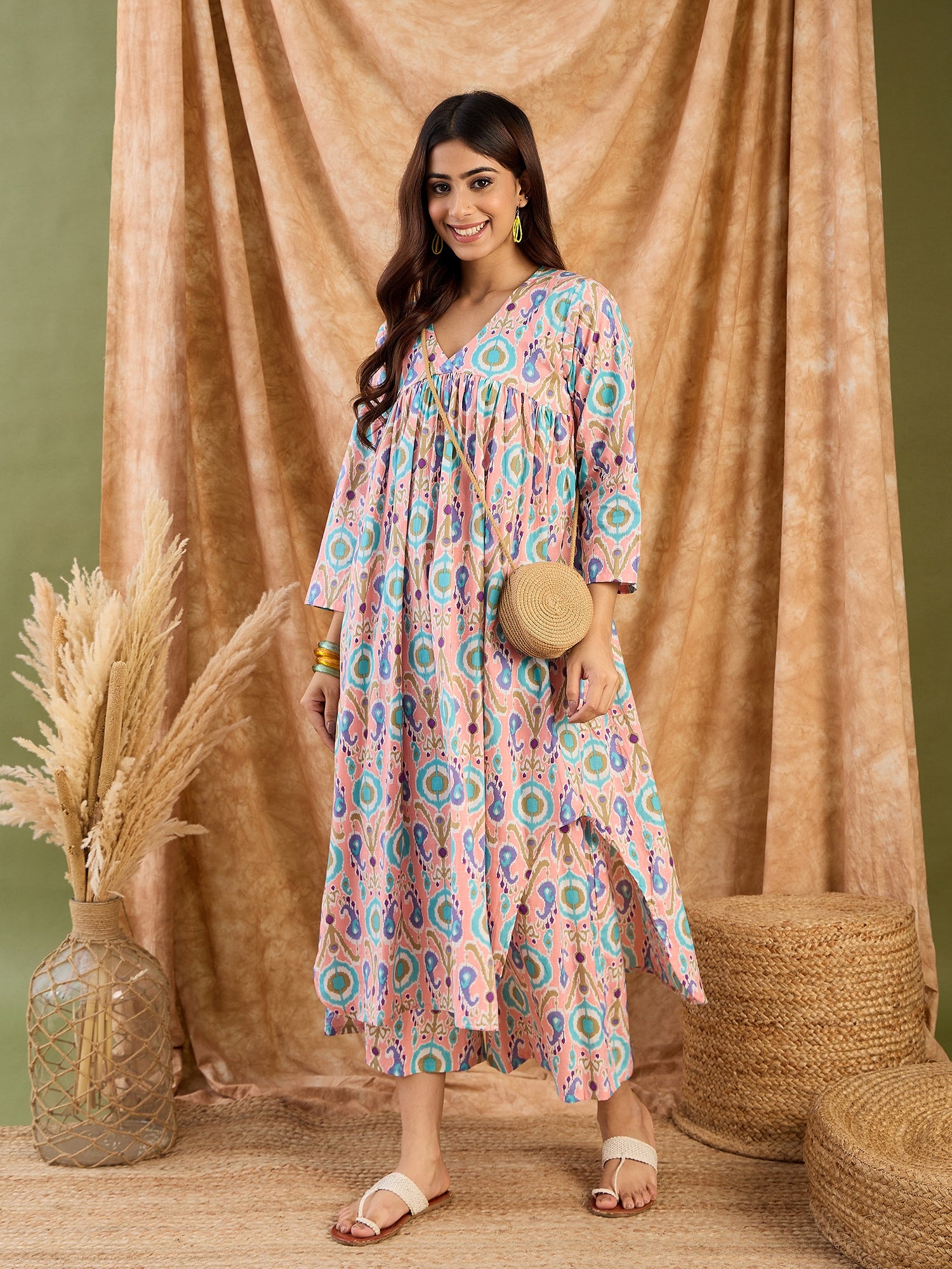 Peach Blue Ikkat V Neck Kurta Set