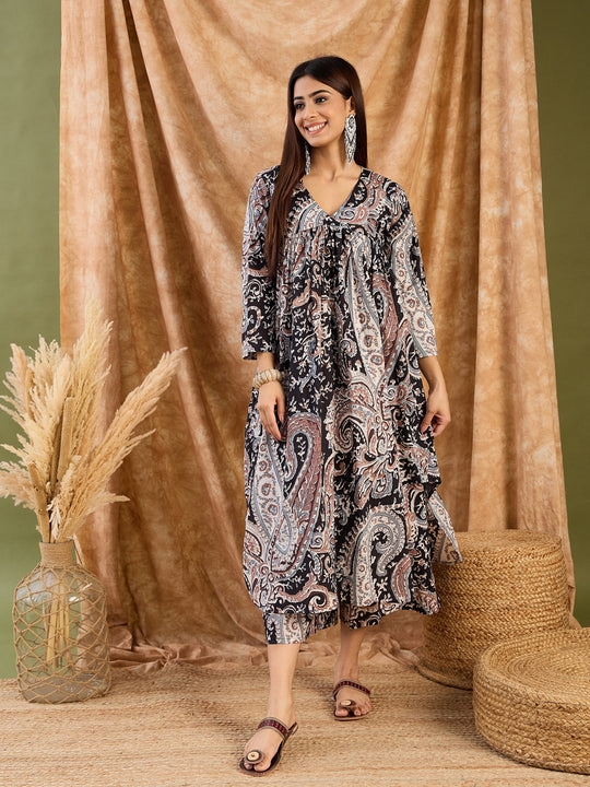 Black Brown Paisley V Neck Kurta Set