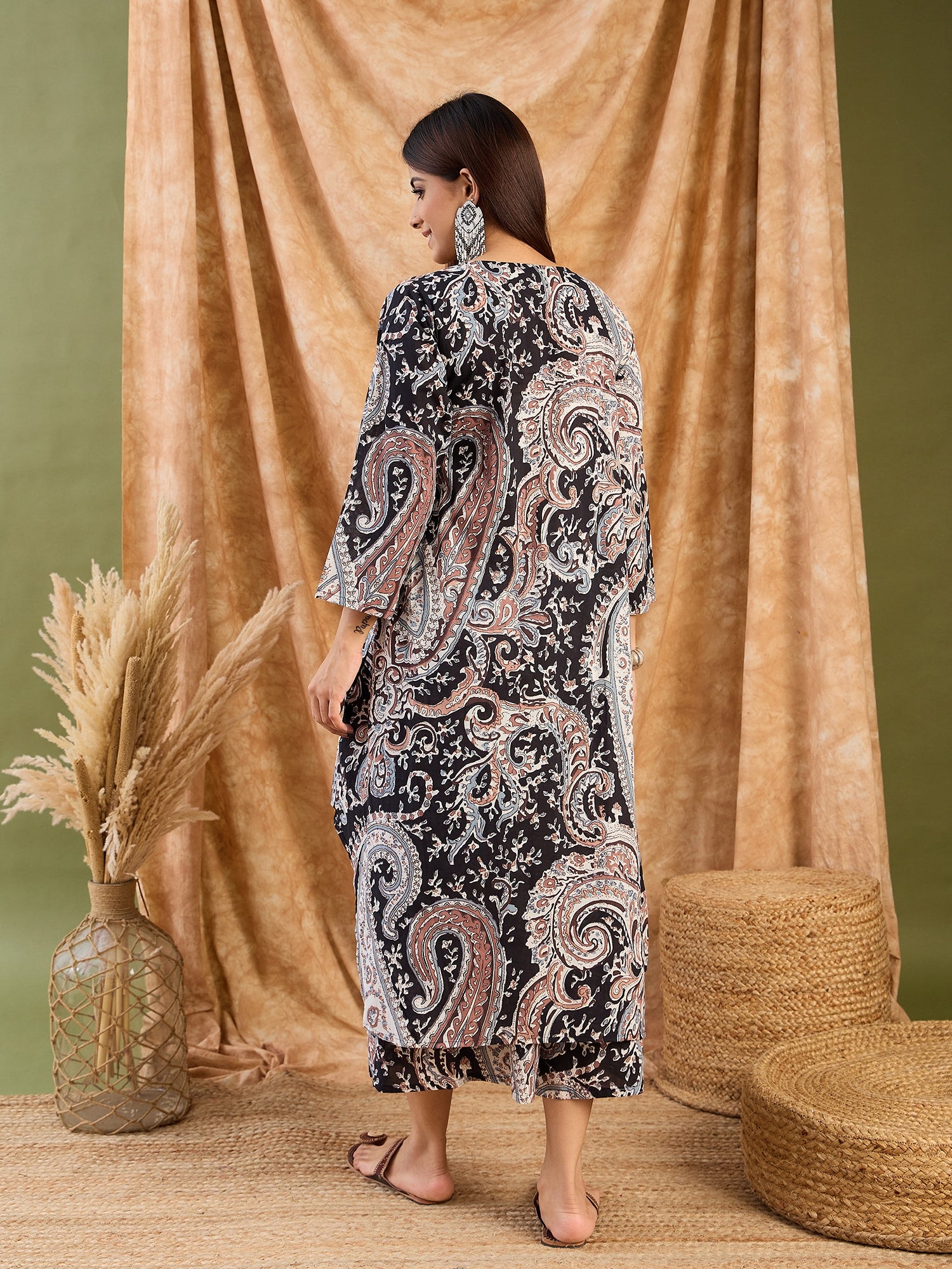 Black Brown Paisley V Neck Kurta Set