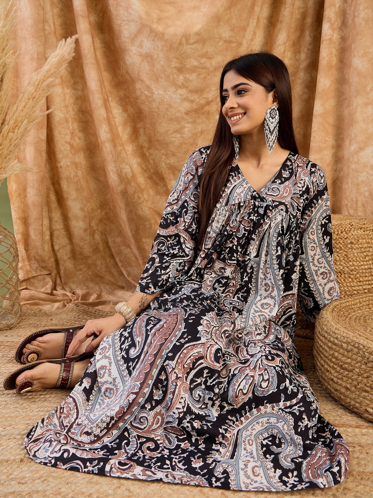 Black Brown Paisley V Neck Kurta Set