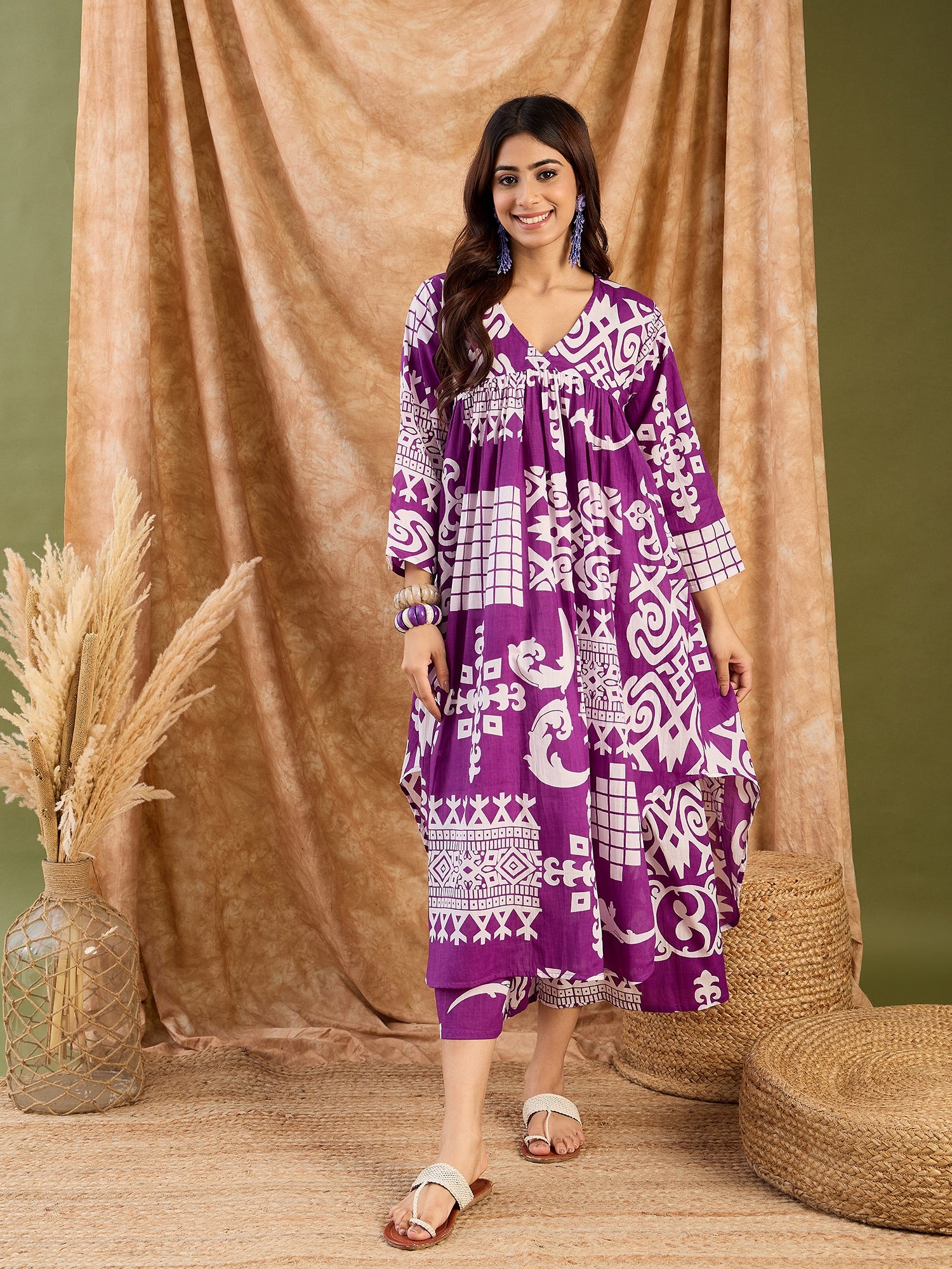 Purple White V Neck Neck Kurta Set