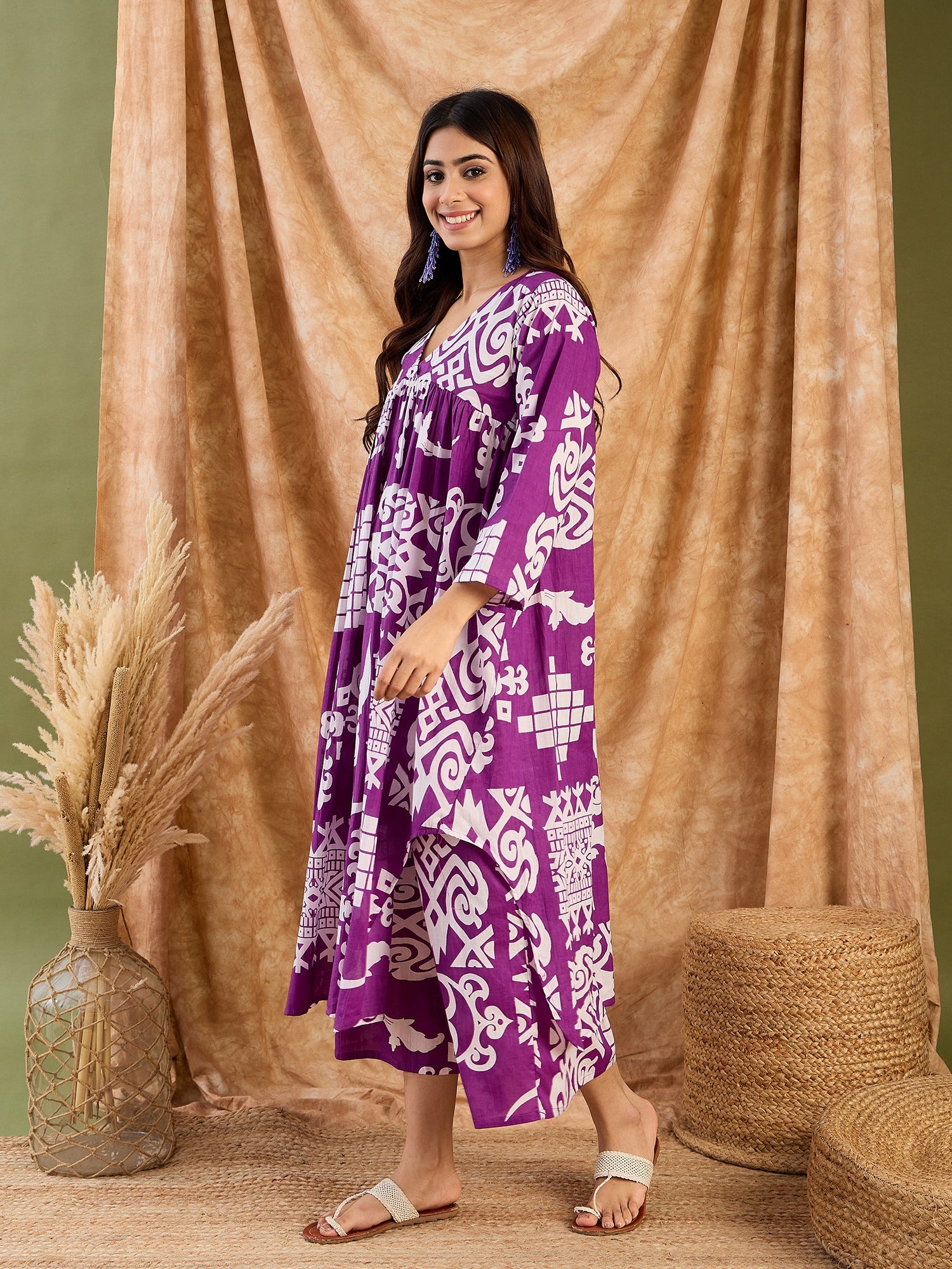 Purple White V Neck Neck Kurta Set