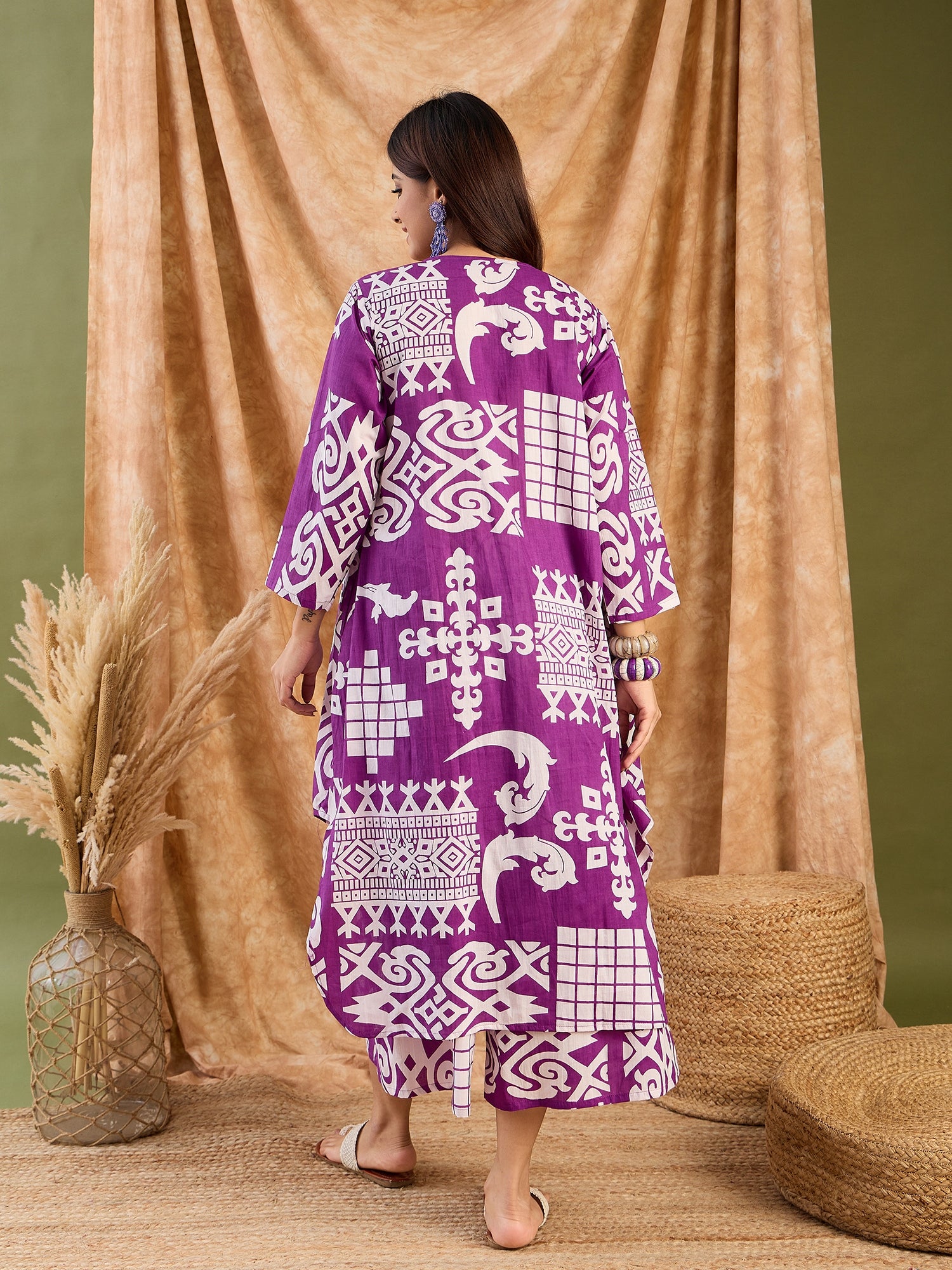 Purple White V Neck Neck Kurta Set