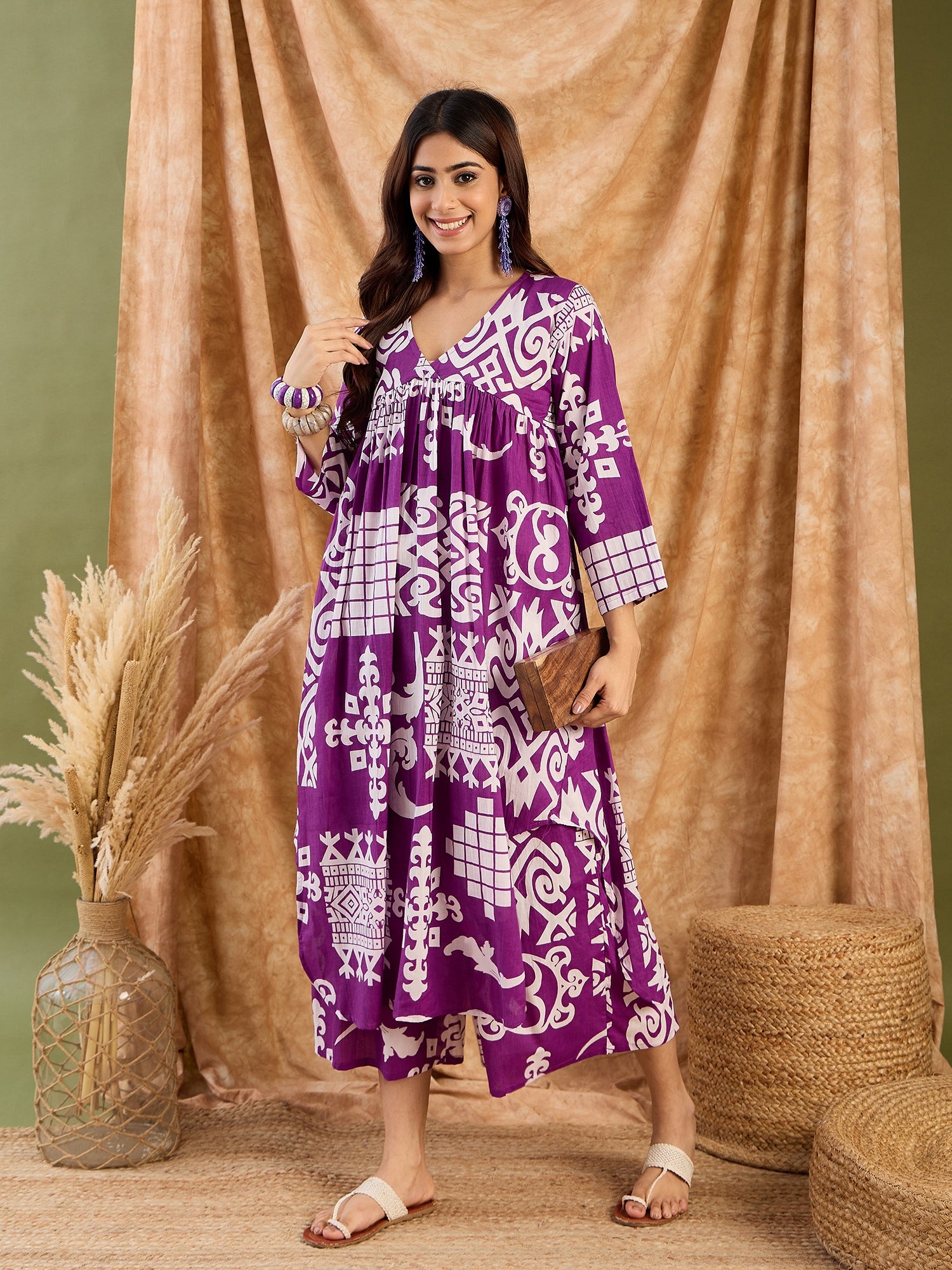 Purple White V Neck Neck Kurta Set