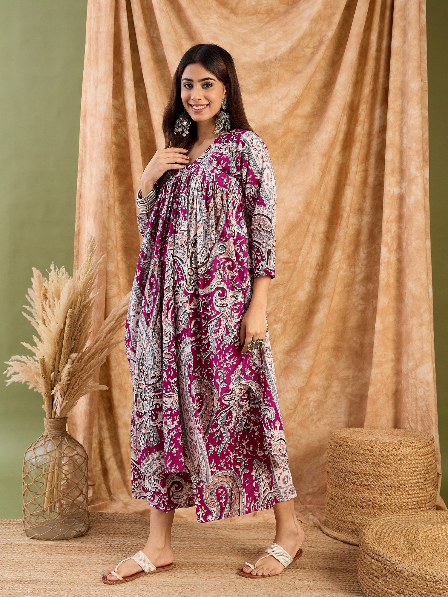 Wine Brown Paisley V Neck Kurta Set