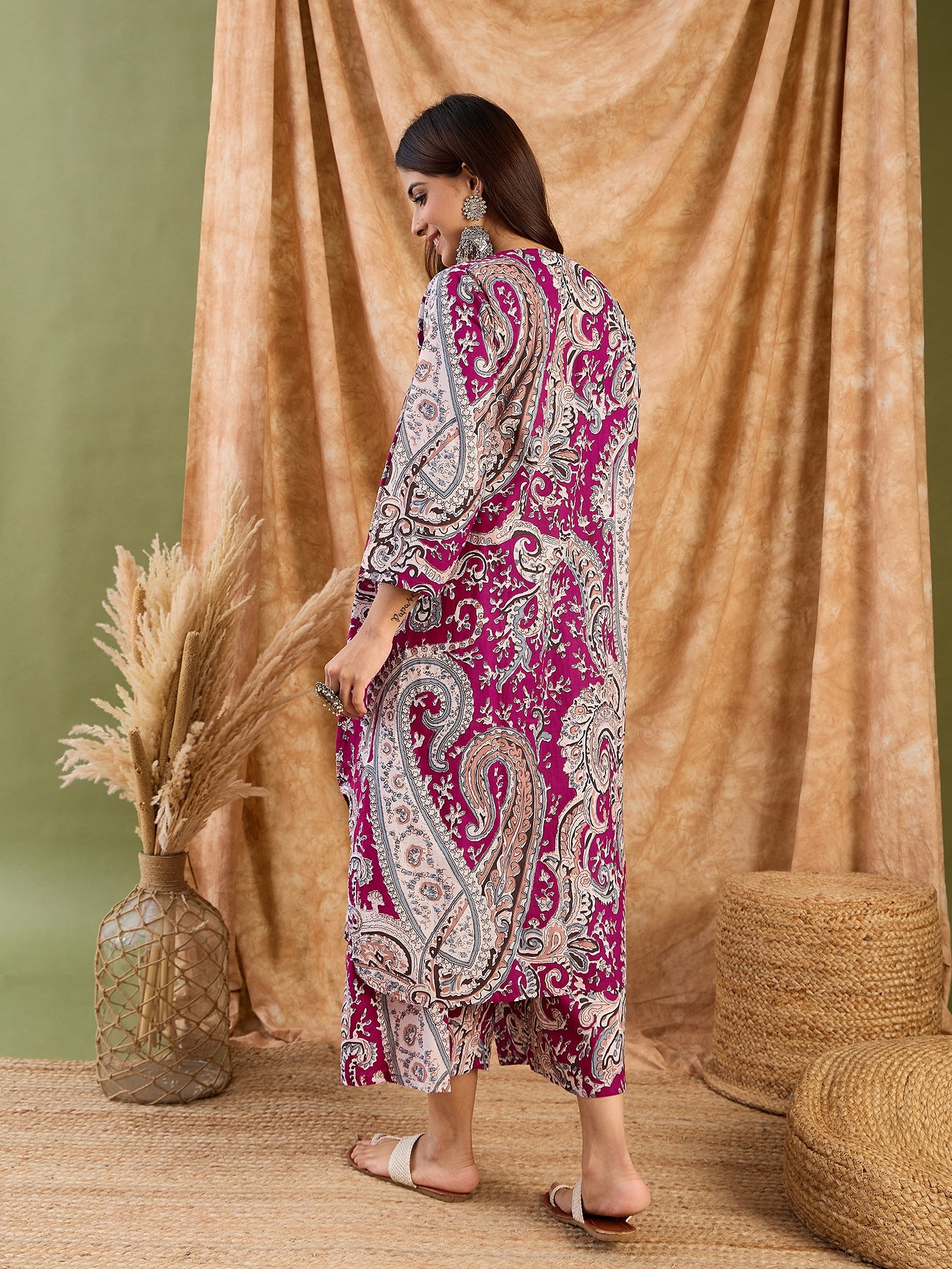 Wine Brown Paisley V Neck Kurta Set