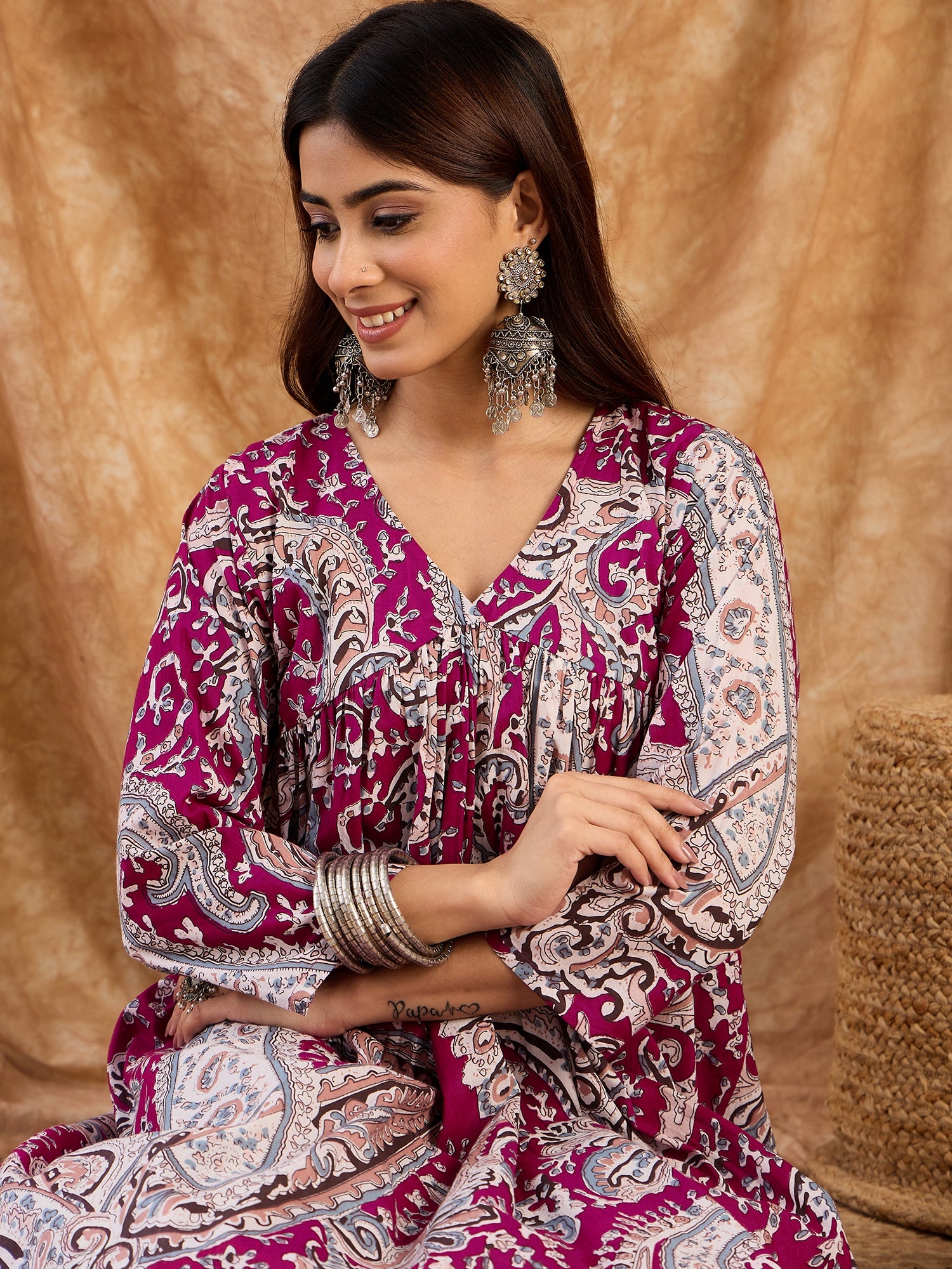 Wine Brown Paisley V Neck Kurta Set