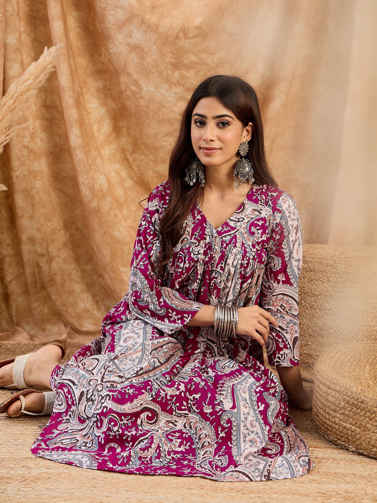 Wine Brown Paisley V Neck Kurta Set