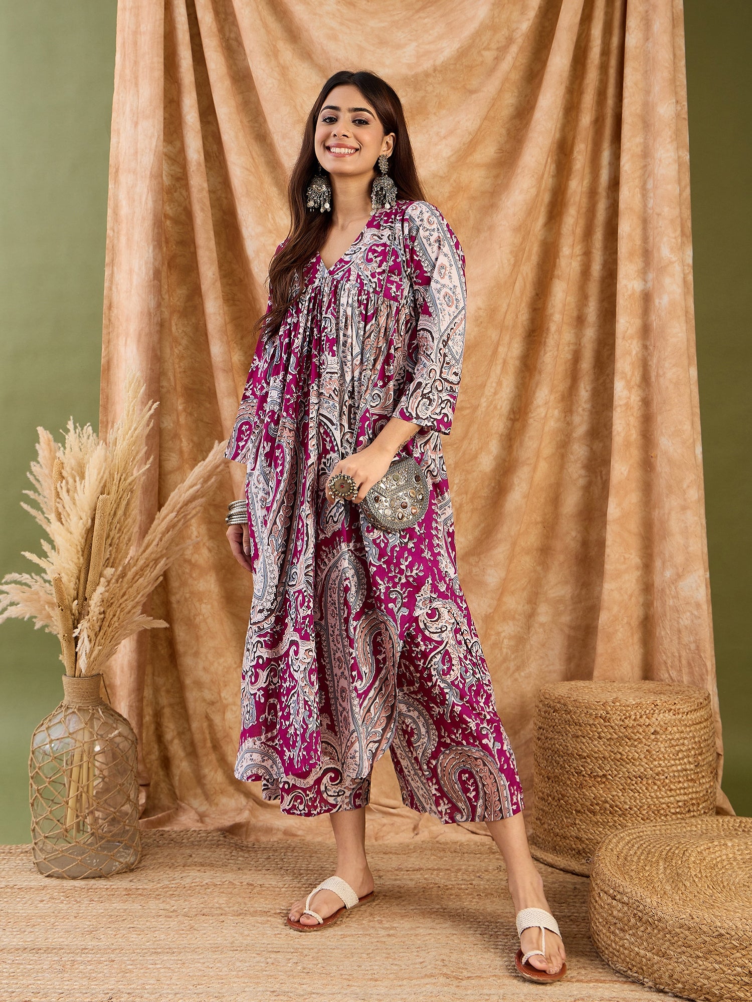 Wine Brown Paisley V Neck Kurta Set