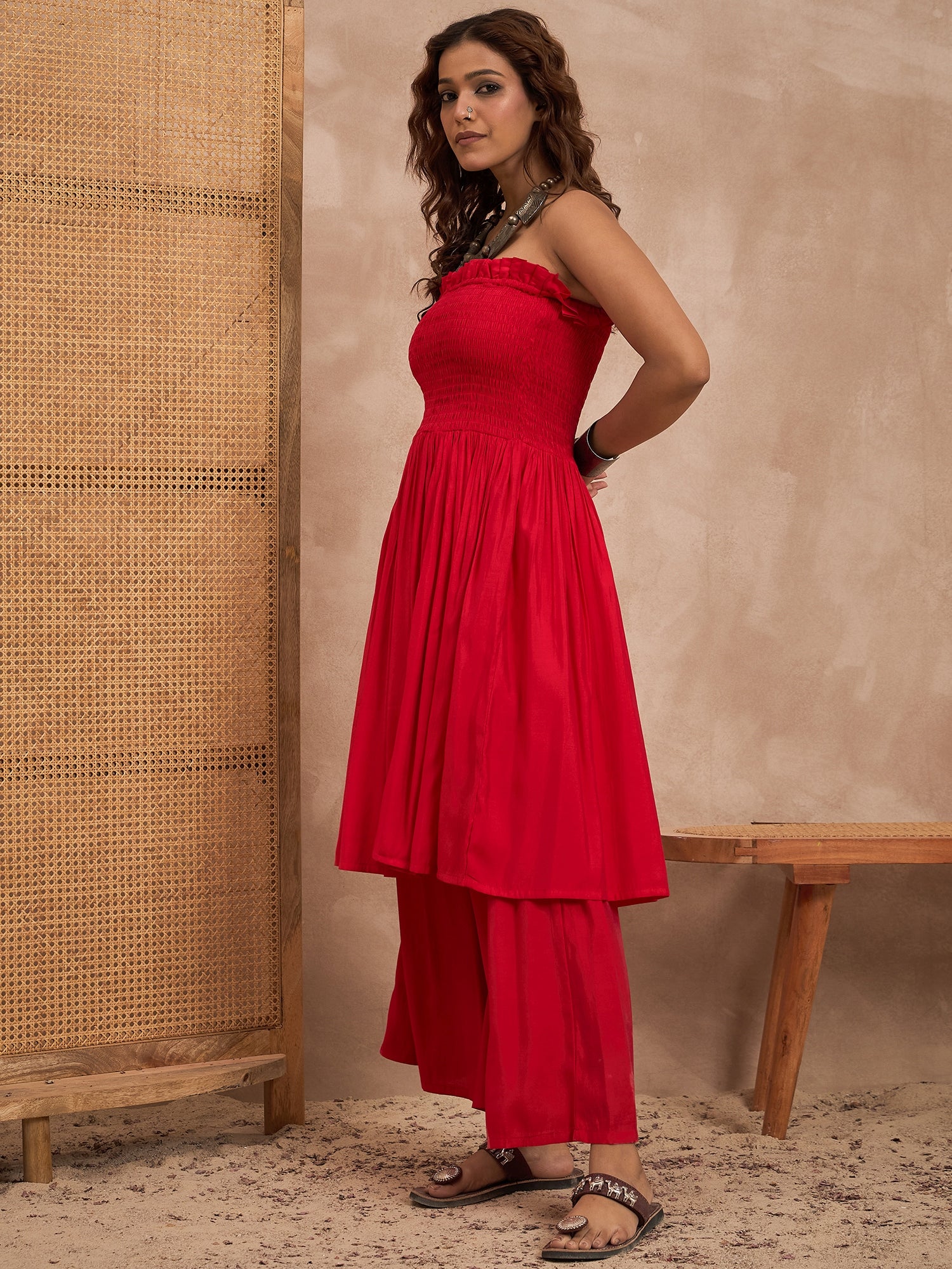 Red Silk Offshoulder Kurta Set