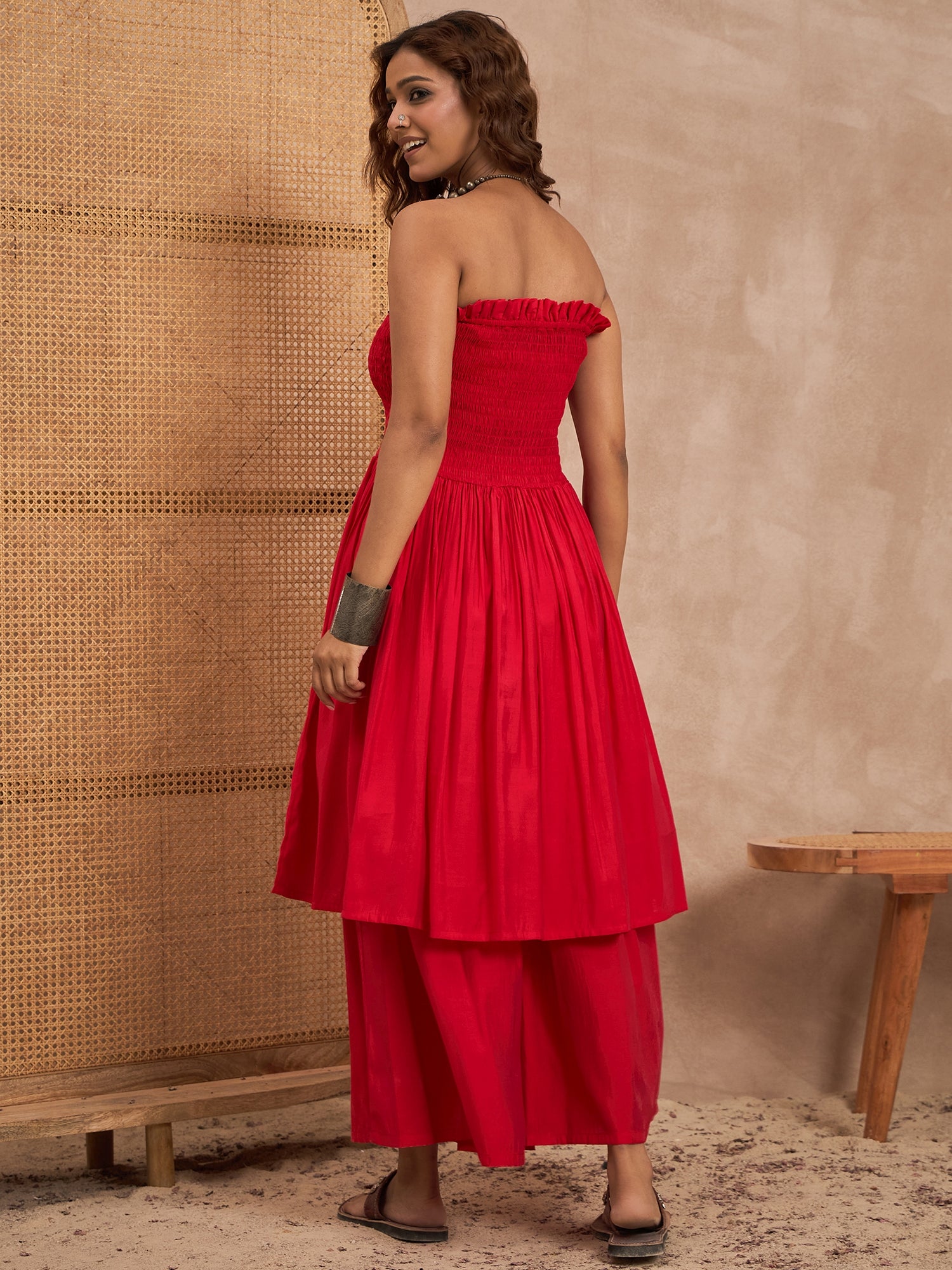 Red Silk Offshoulder Kurta Set