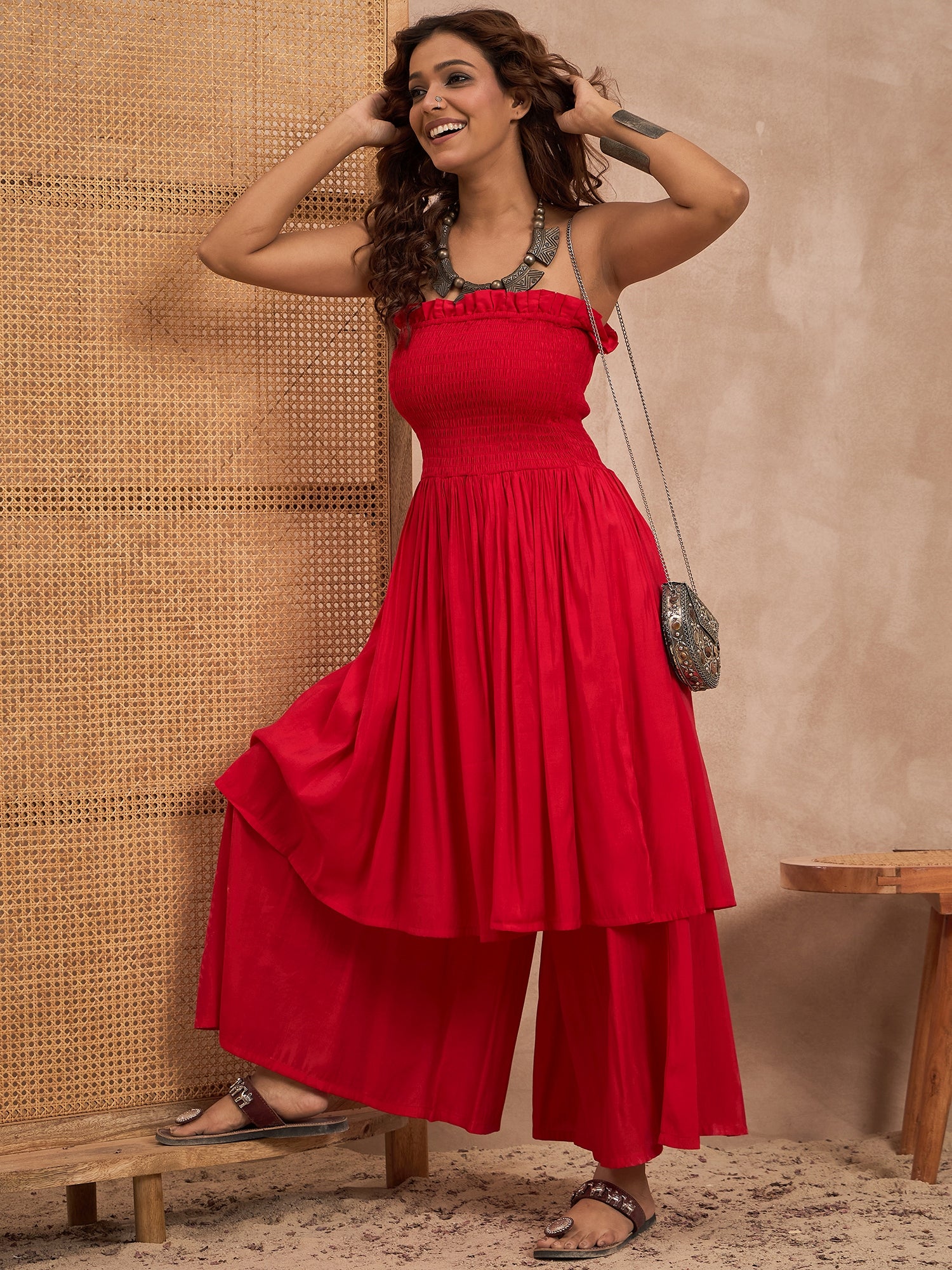 Red Silk Offshoulder Kurta Set