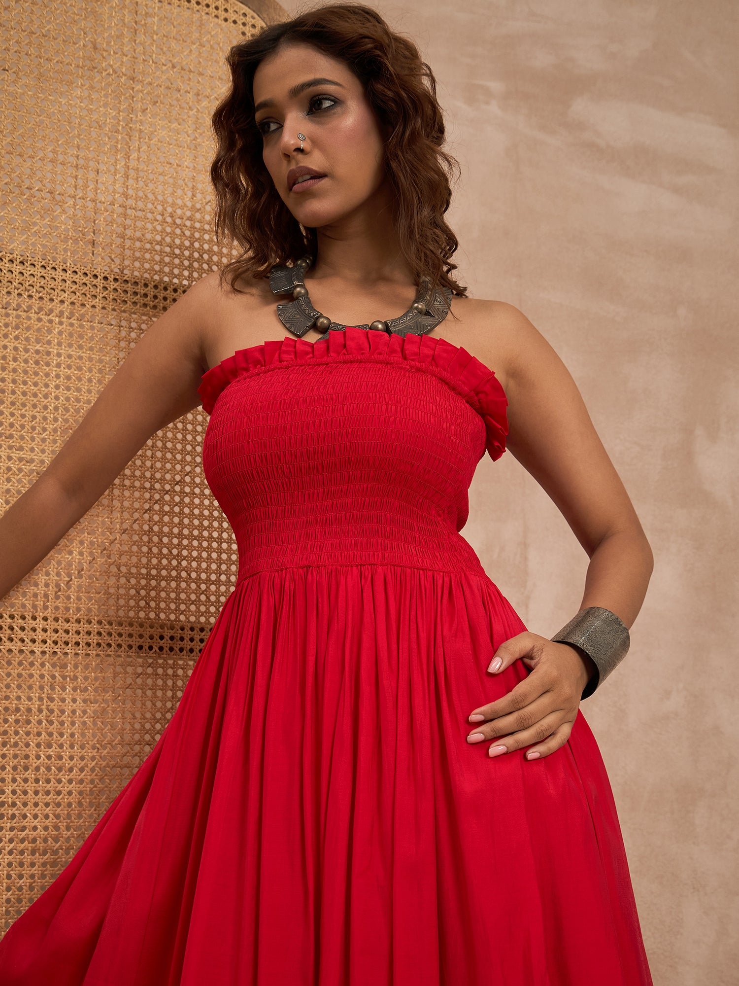 Red Silk Offshoulder Kurta Set