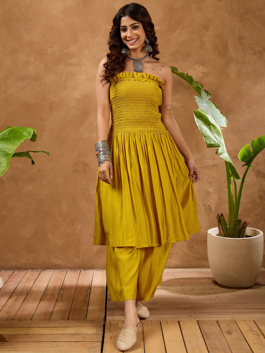 Yellow Silk Offshoulder Kurta Set