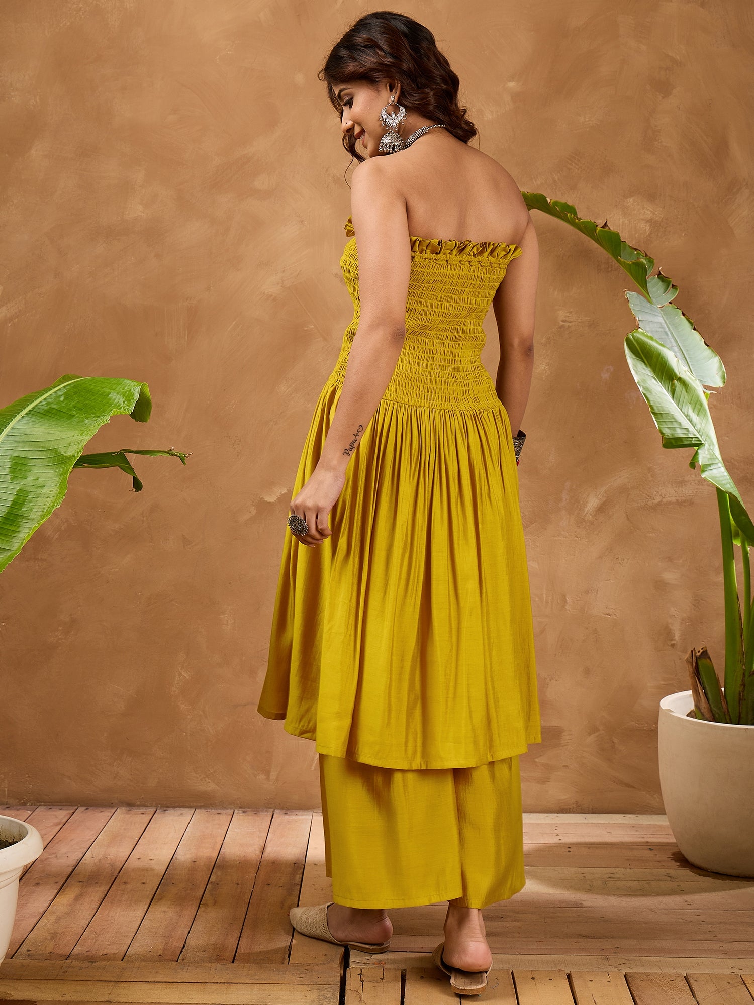 Yellow Silk Offshoulder Kurta Set