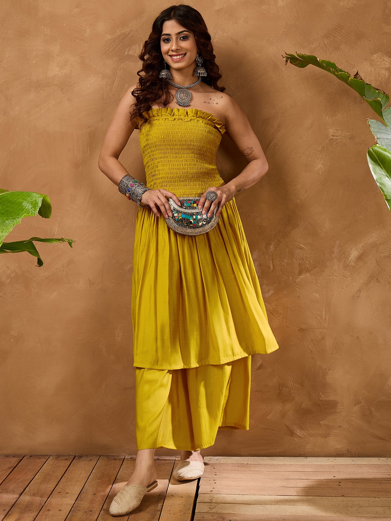 Yellow Silk Offshoulder Kurta Set
