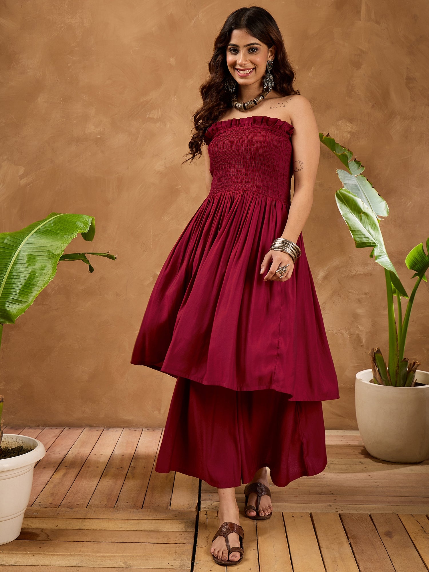 Barn Red Silk Offshoulder Kurta Set