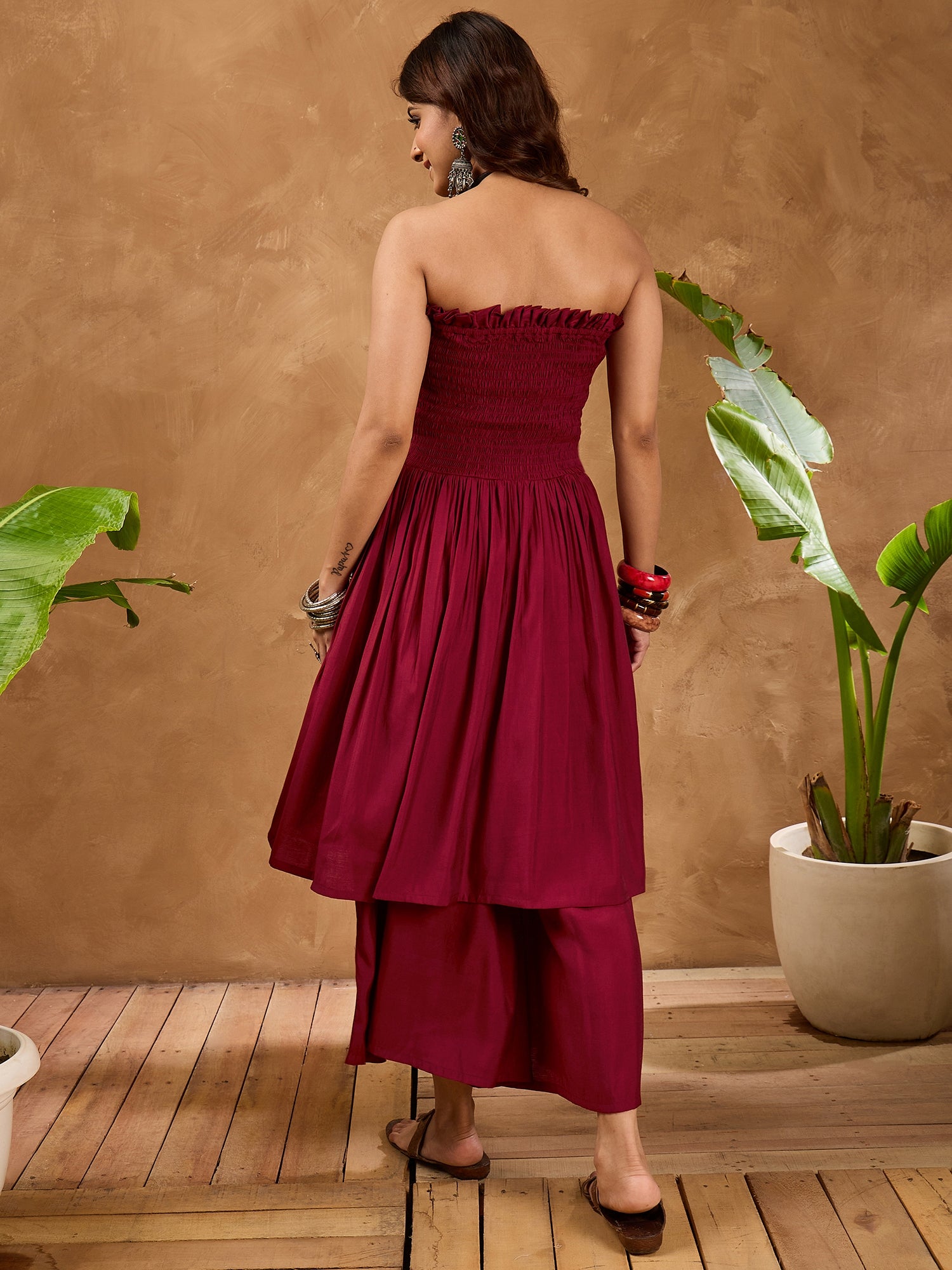 Barn Red Silk Offshoulder Kurta Set