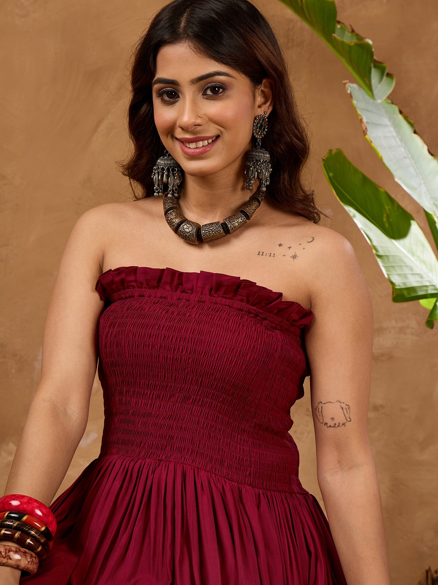 Barn Red Silk Offshoulder Kurta Set