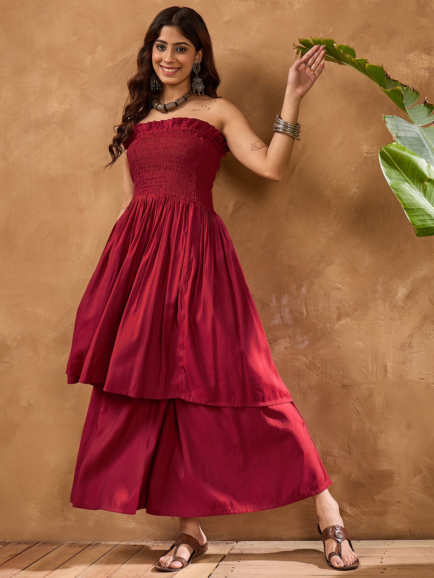Barn Red Silk Offshoulder Kurta Set