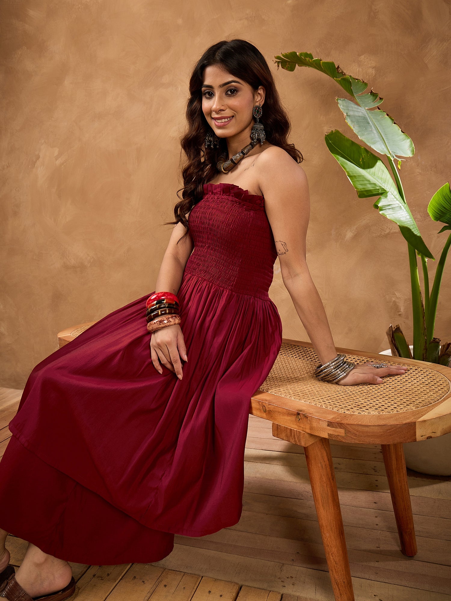 Barn Red Silk Offshoulder Kurta Set