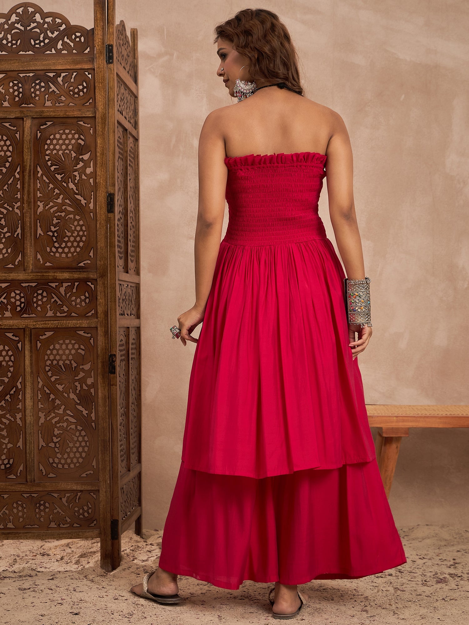 Rani Pink Silk Offshoulder Kurta Set