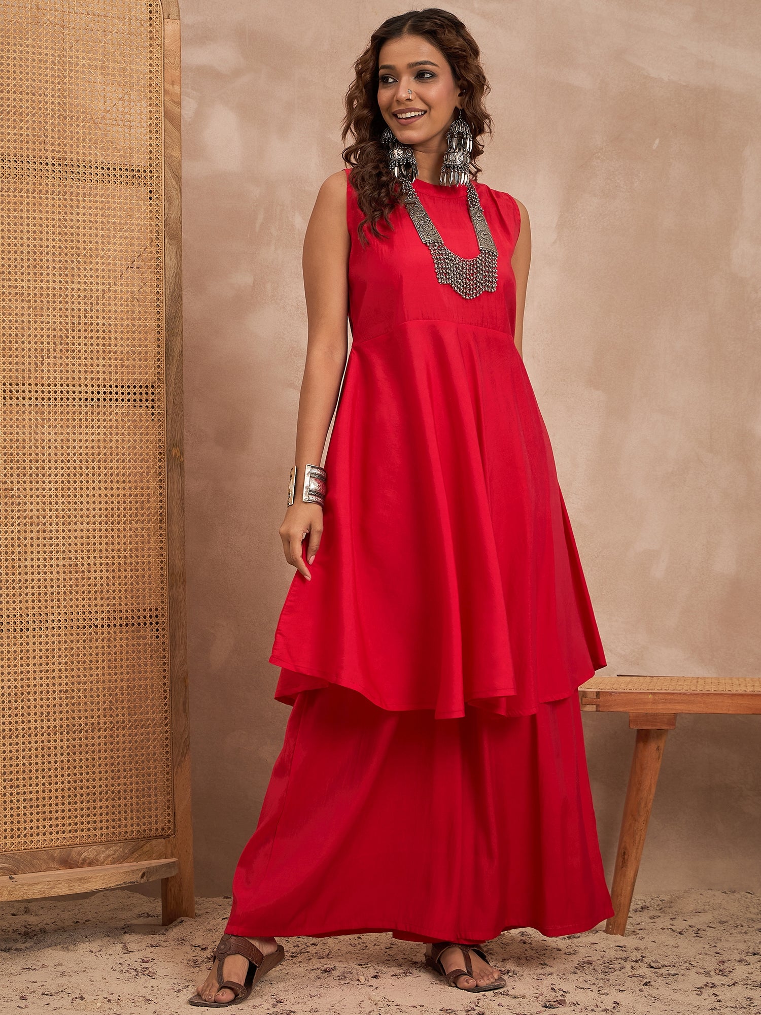 Red Silk Boho Kurta Set