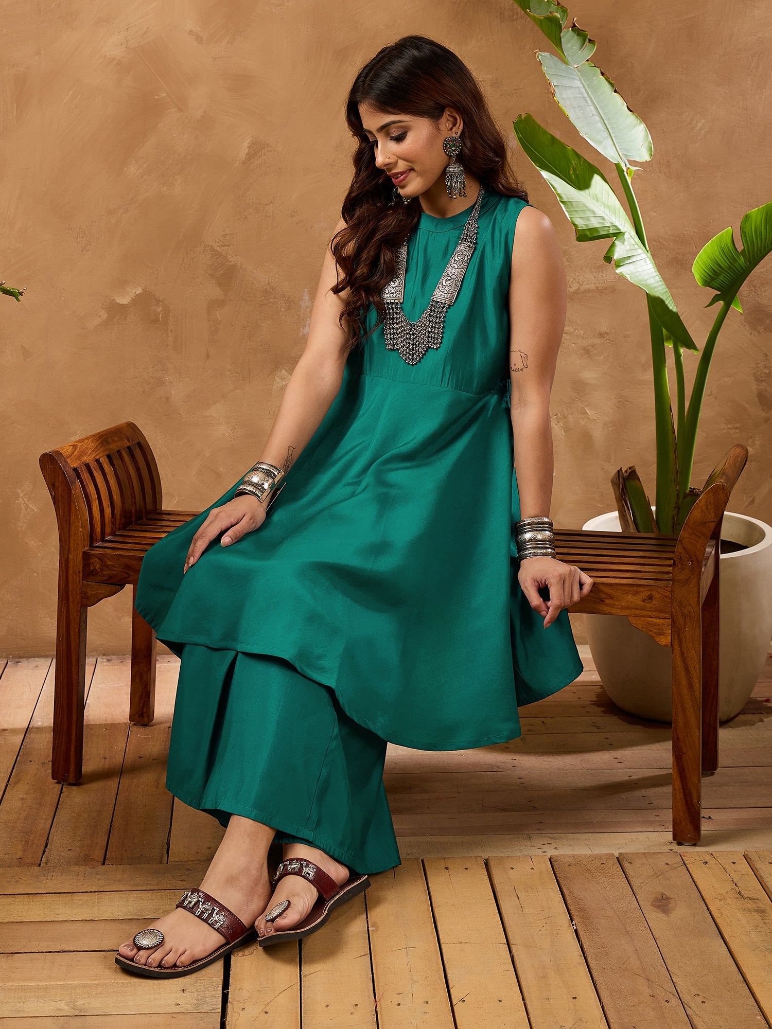 Teal Silk Boho Kurta Set