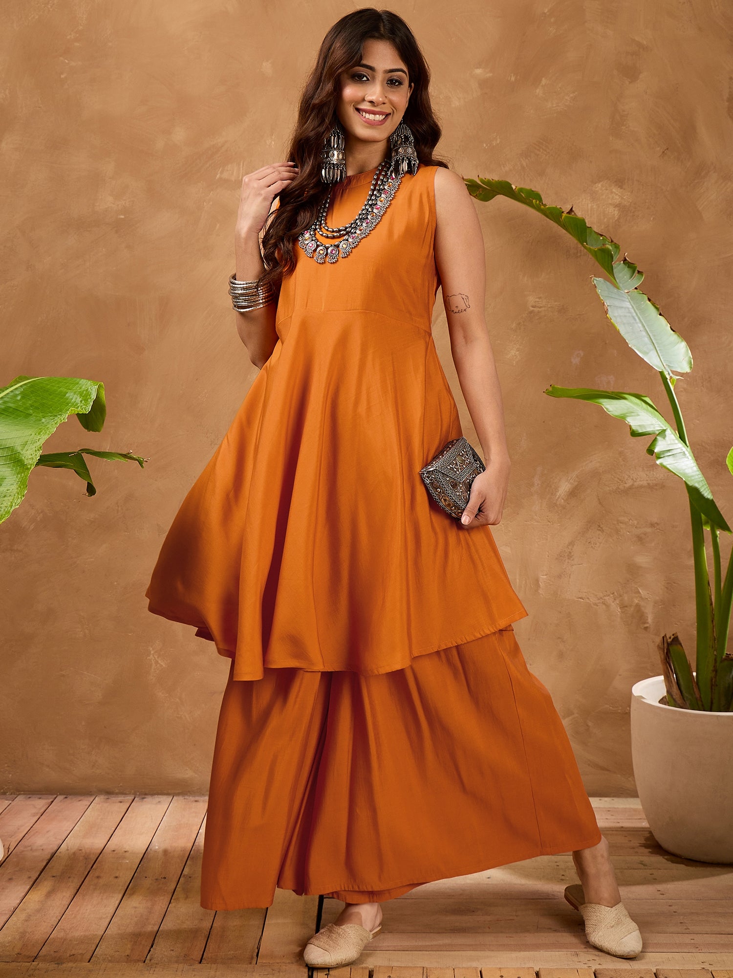 Orange Silk Boho Kurta Set