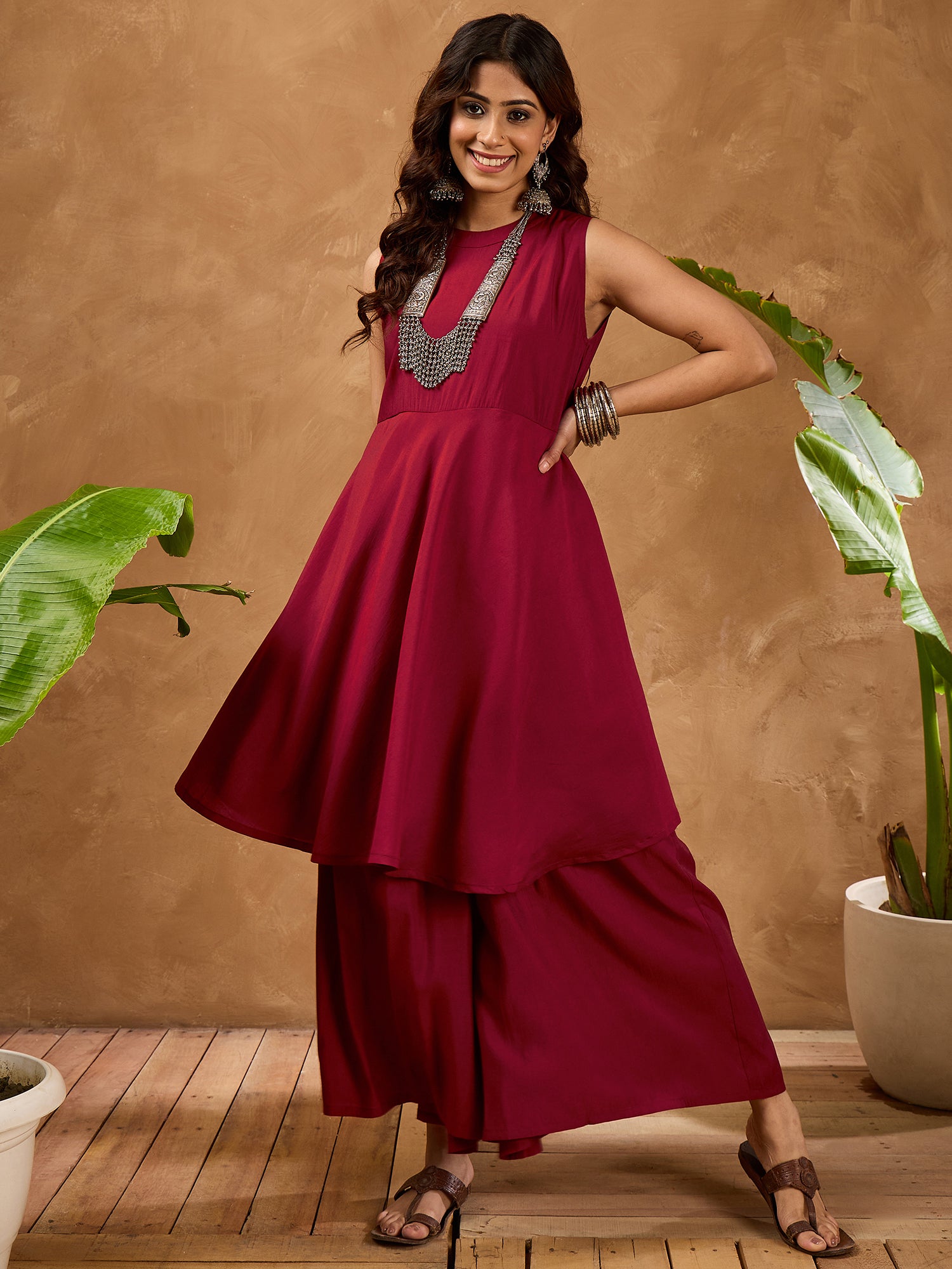 Barn Red Silk Boho Kurta Set