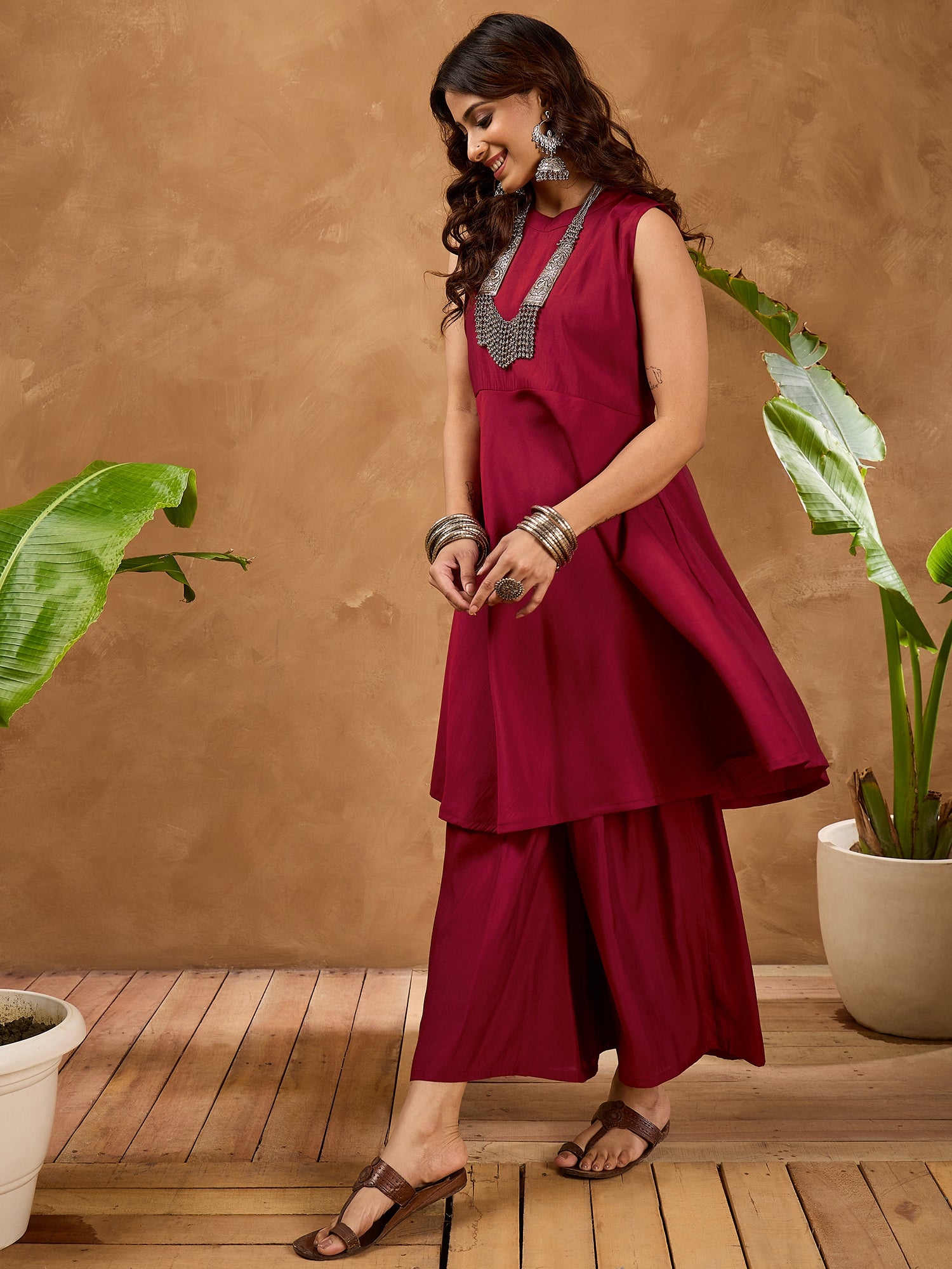 Barn Red Silk Boho Kurta Set