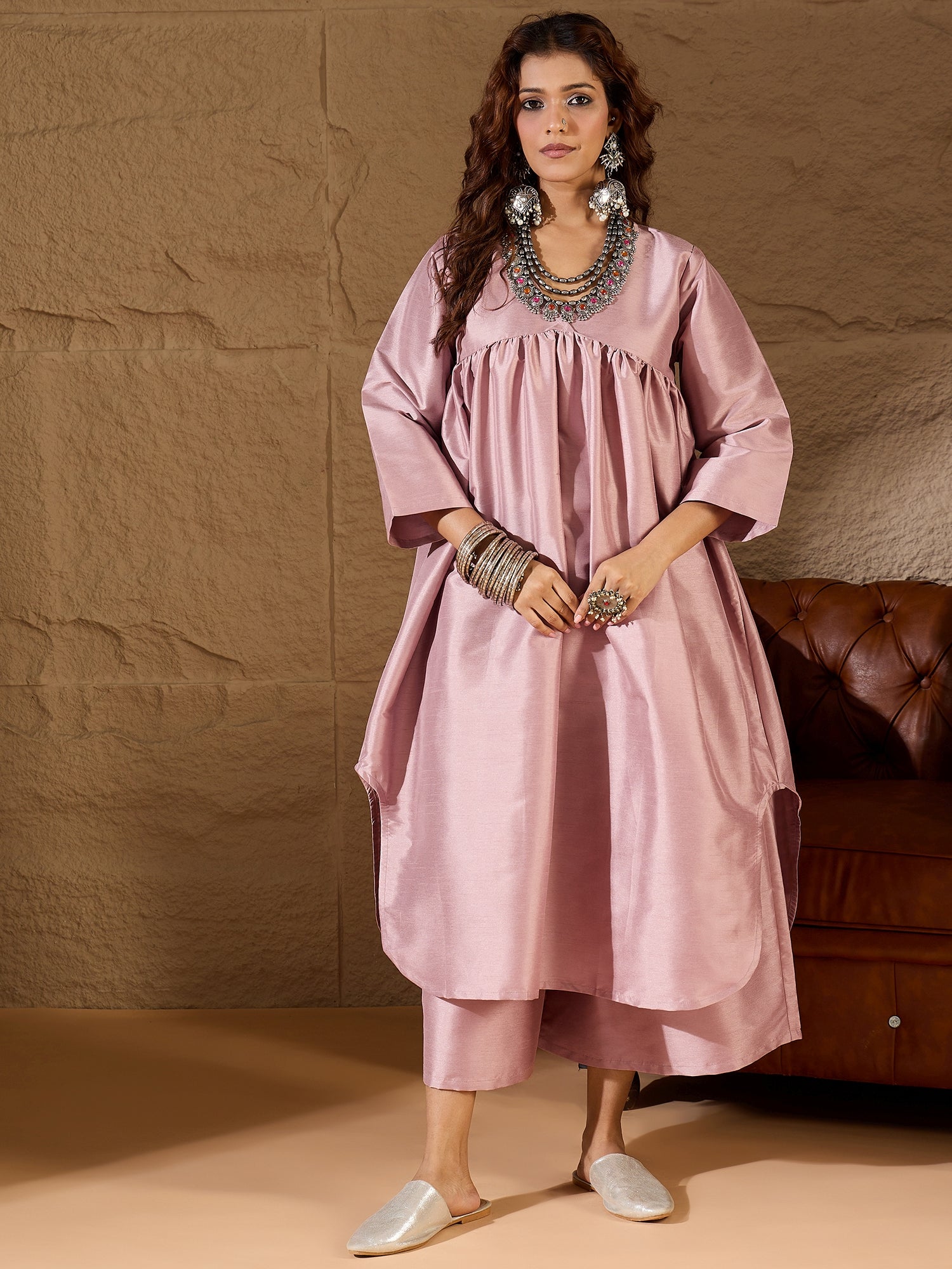 Blush Pink Silk V Neck Flared Kurta Set