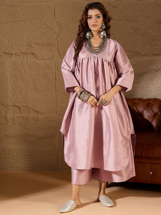 Blush Pink Silk V Neck Flared Kurta Set