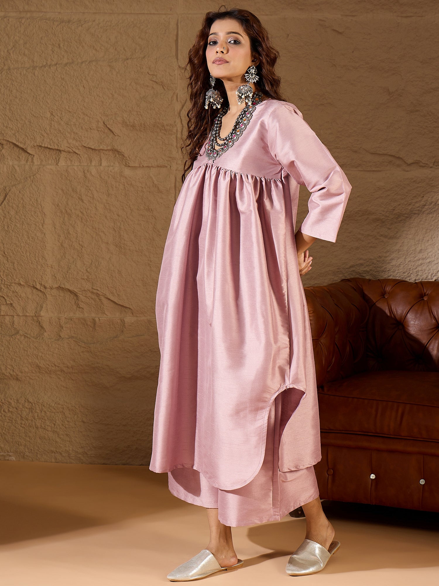 Blush Pink Silk V Neck Flared Kurta Set
