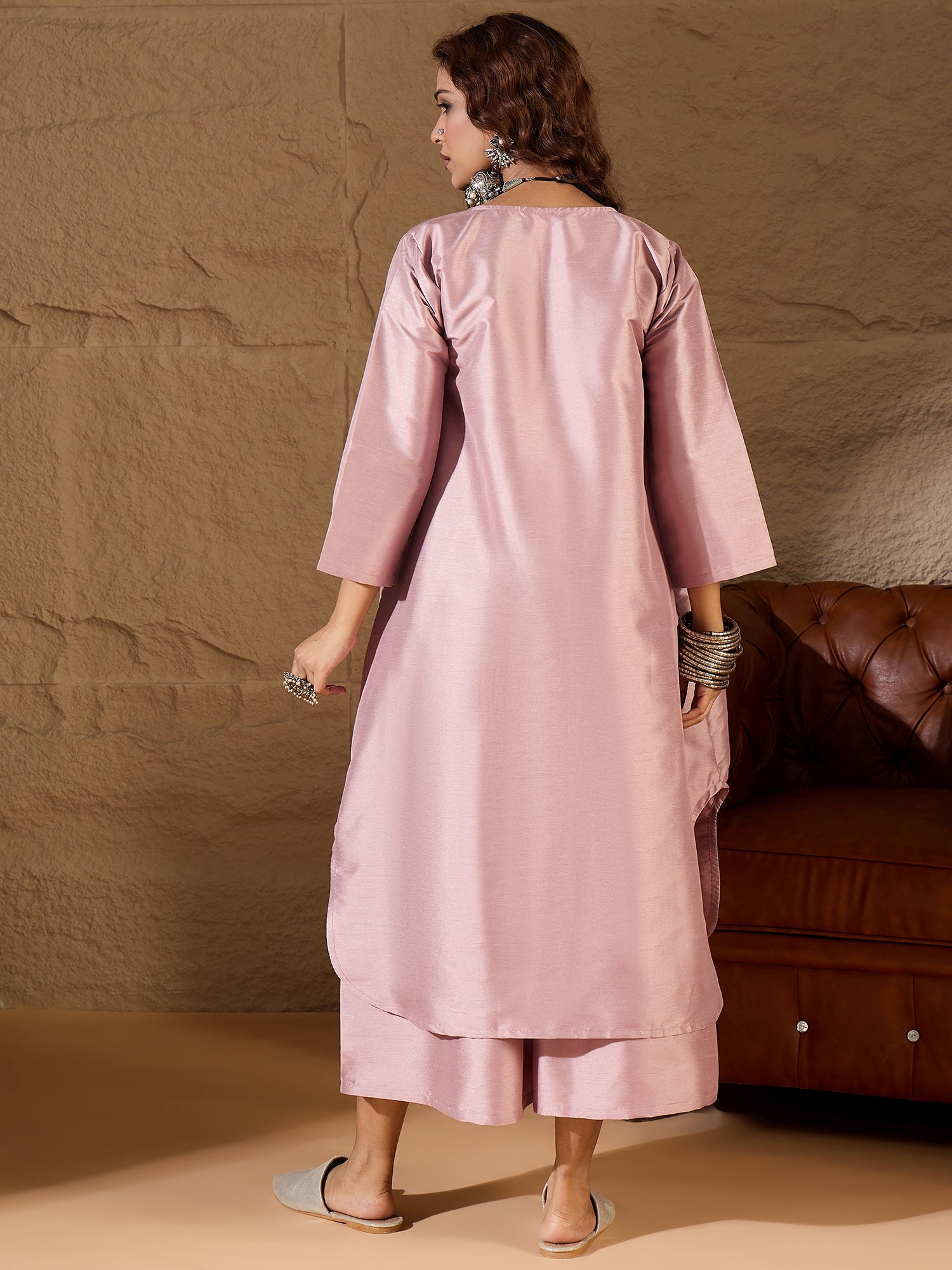 Blush Pink Silk V Neck Flared Kurta Set