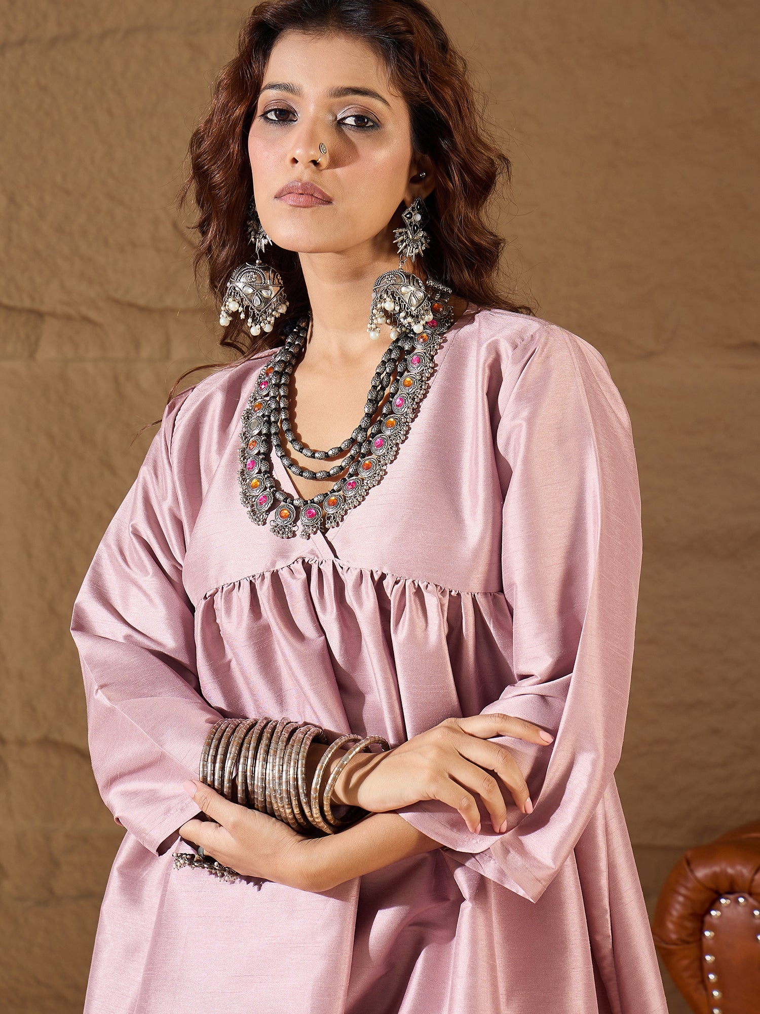 Blush Pink Silk V Neck Flared Kurta Set