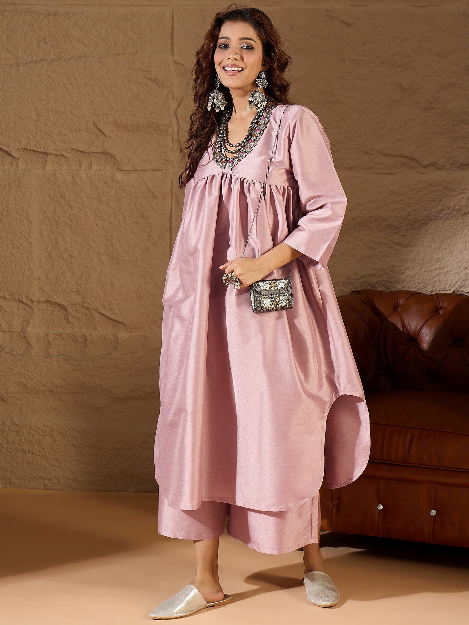 Blush Pink Silk V Neck Flared Kurta Set