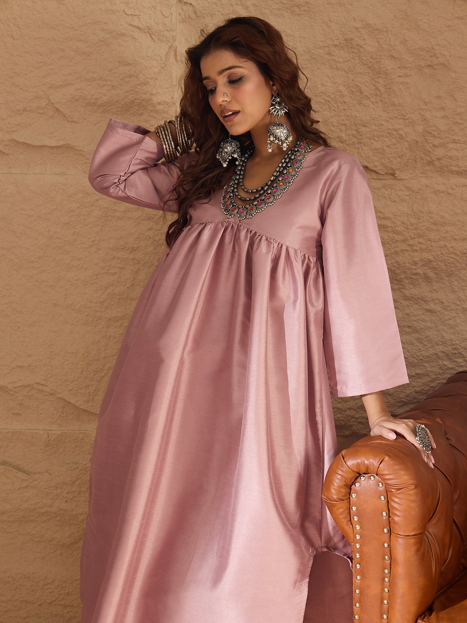 Blush Pink Silk V Neck Flared Kurta Set