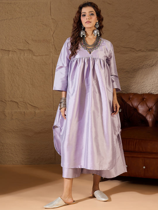 Light Mauve Silk V Neck Flared Kurta Set