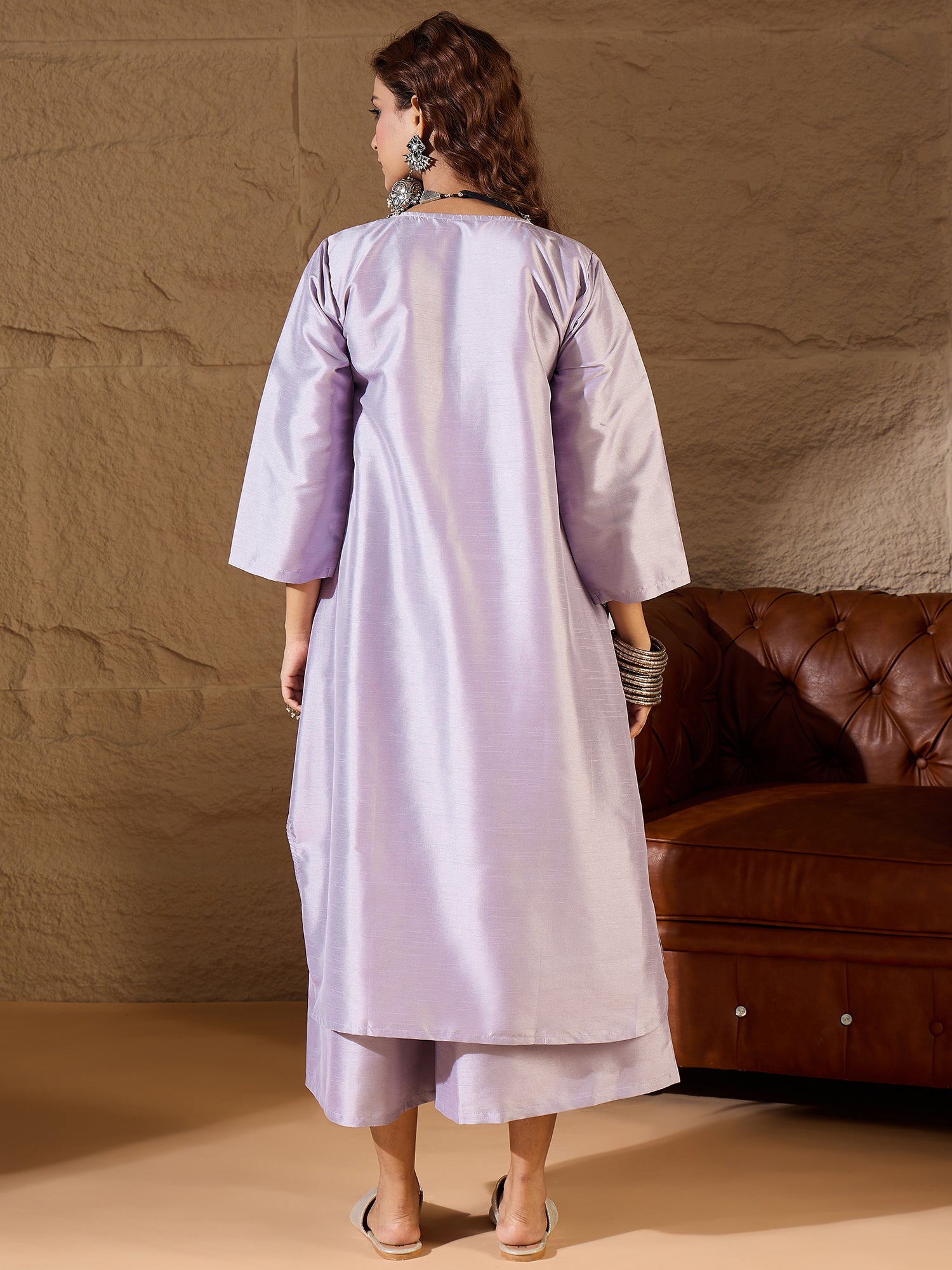 Light Mauve Silk V Neck Flared Kurta Set
