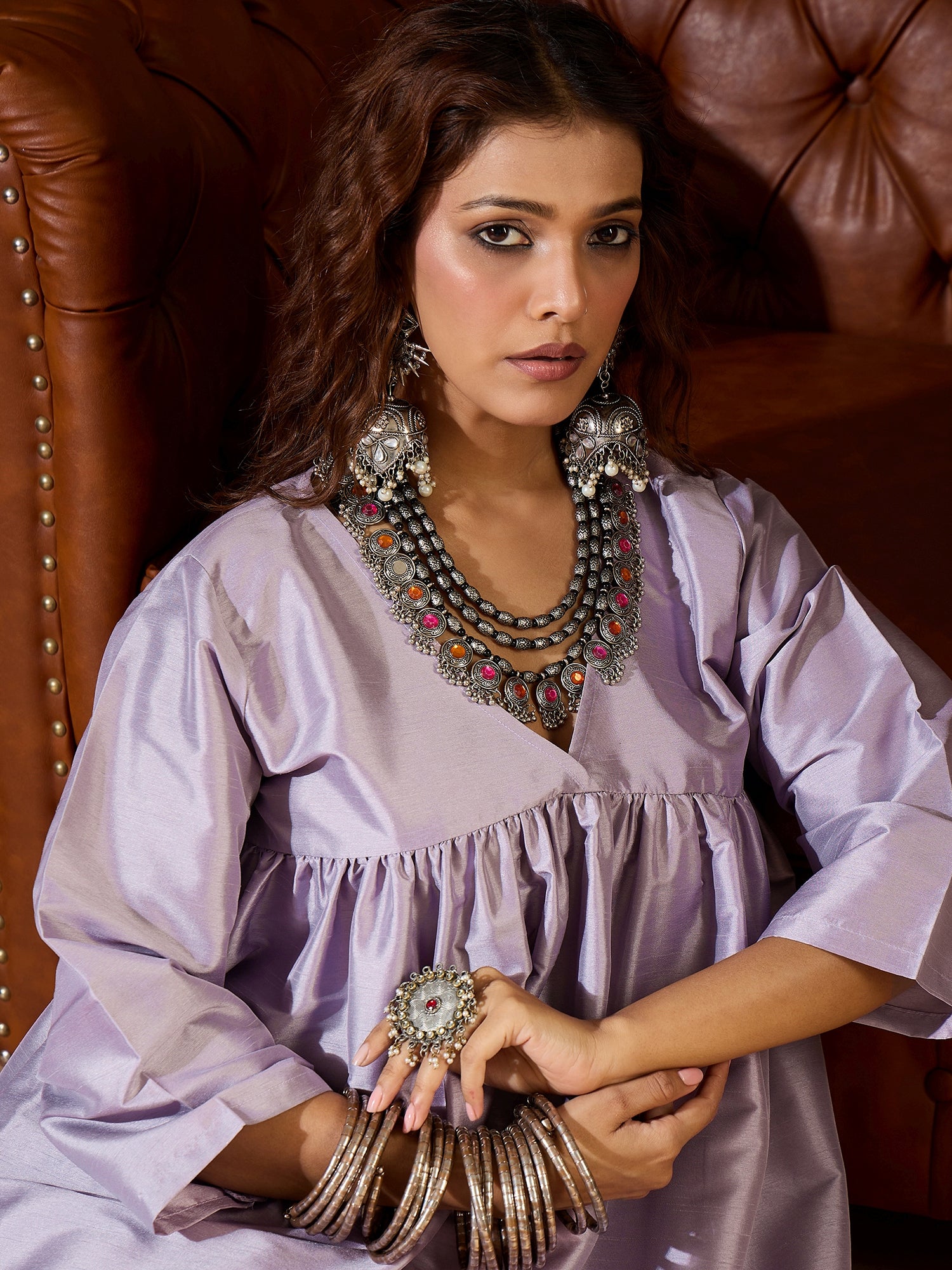 Light Mauve Silk V Neck Flared Kurta Set