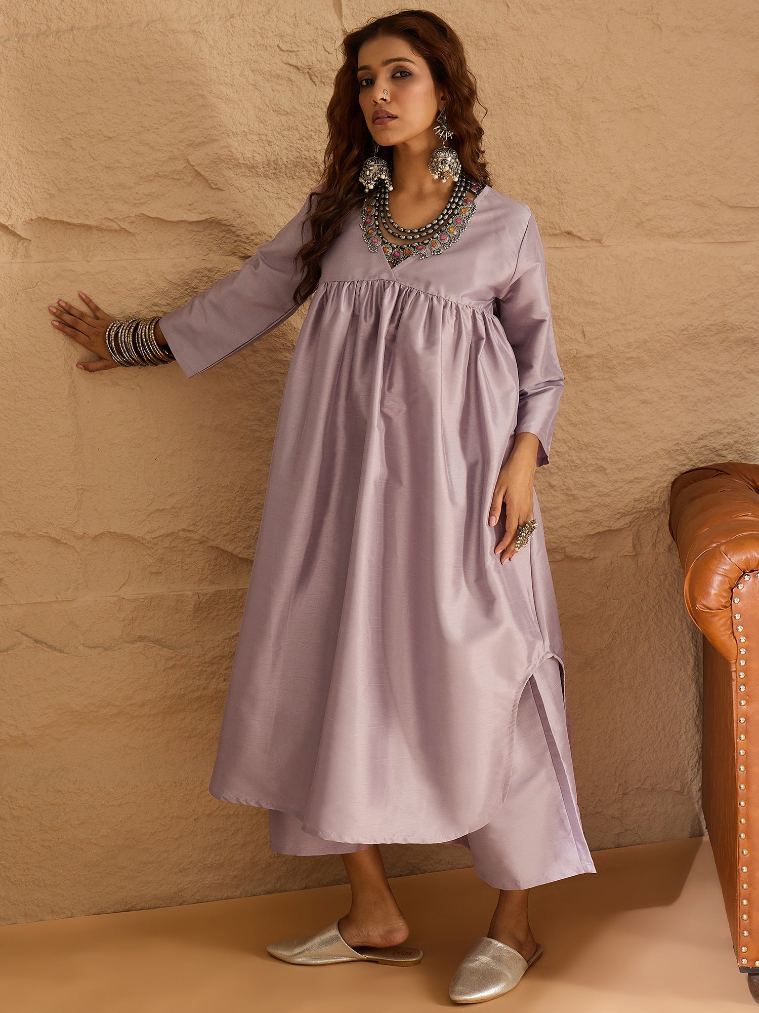 Light Mauve Silk V Neck Flared Kurta Set
