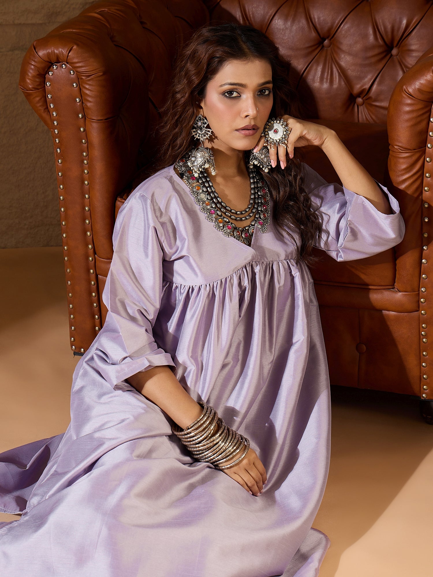Light Mauve Silk V Neck Flared Kurta Set