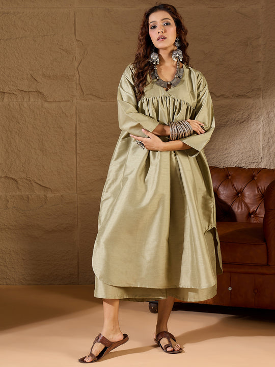 Olive Silk V Neck Flared Kurta Set