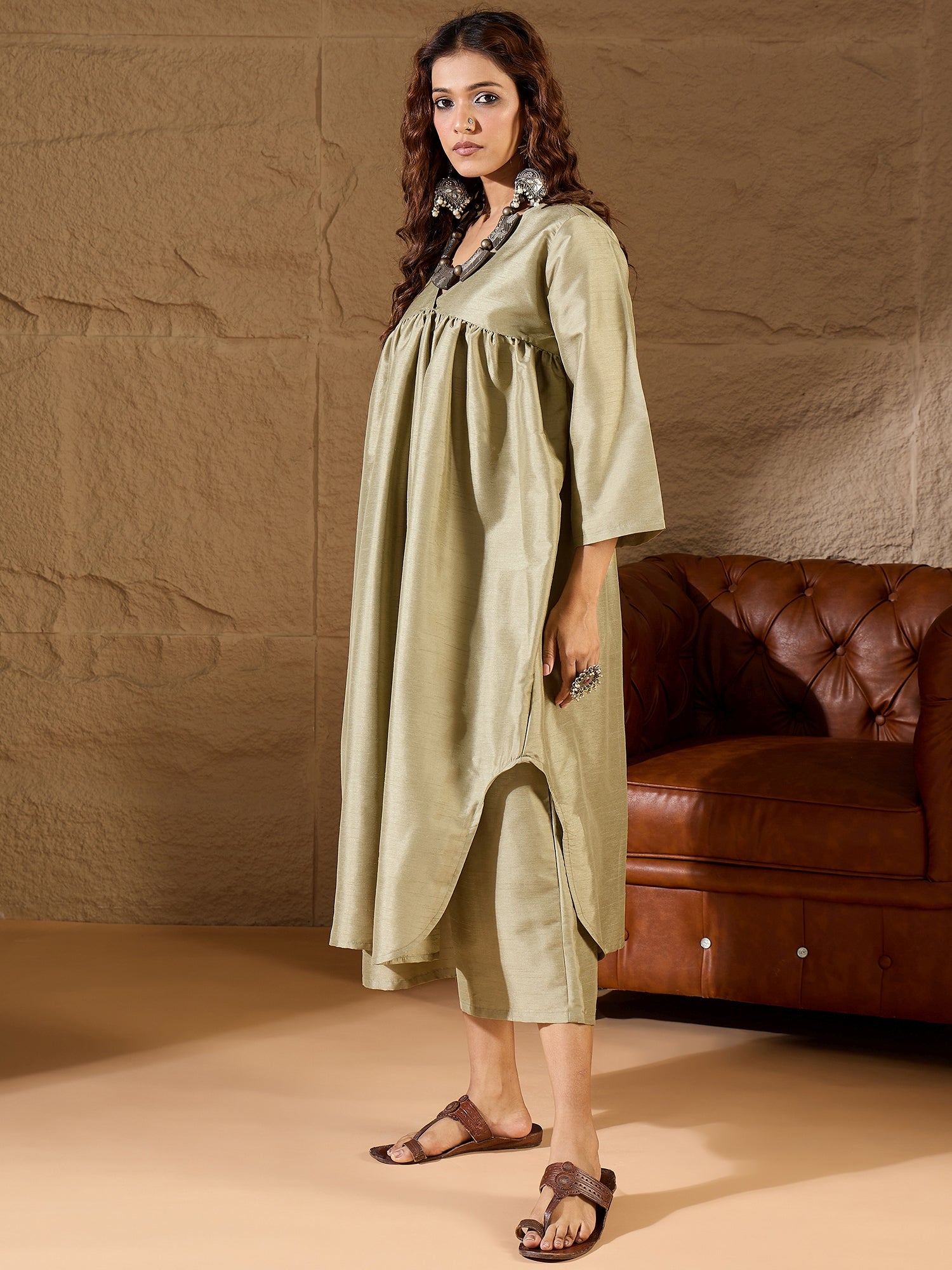 Olive Silk V Neck Flared Kurta Set