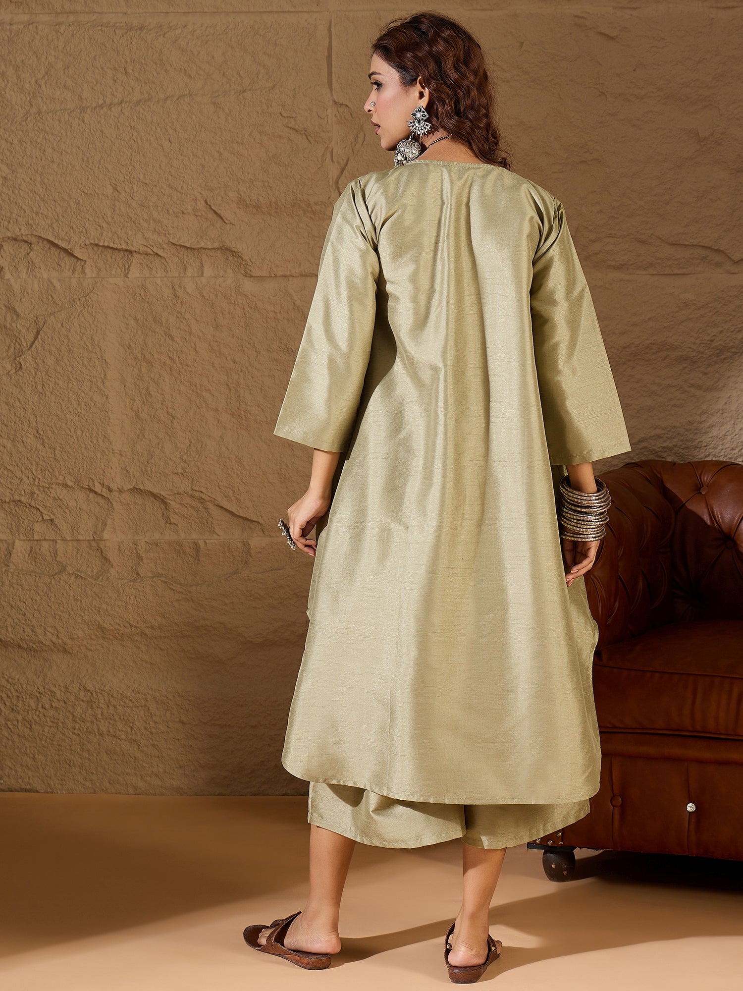 Olive Silk V Neck Flared Kurta Set
