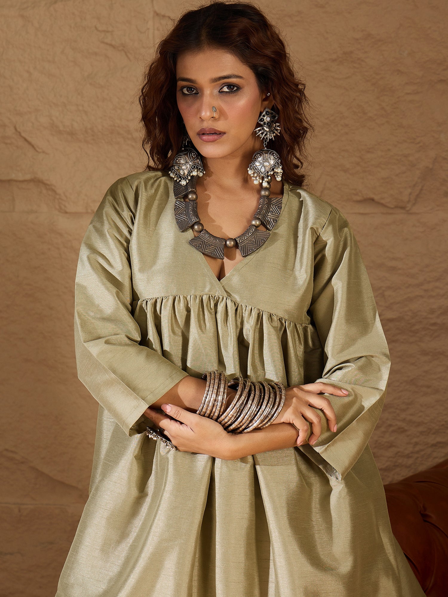 Olive Silk V Neck Flared Kurta Set