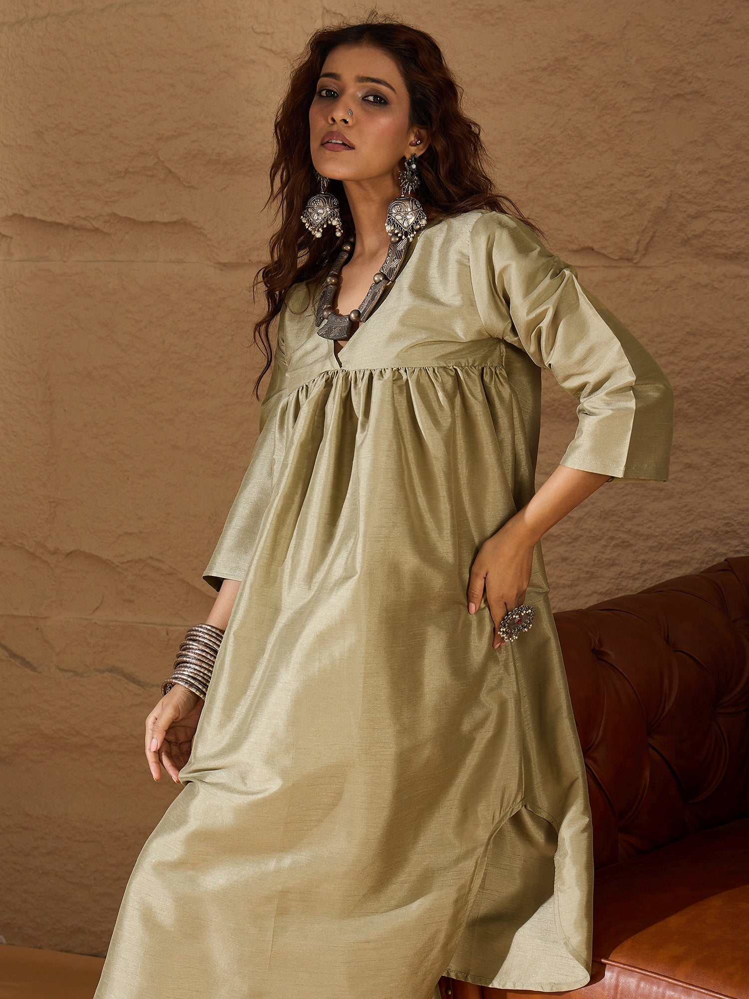 Olive Silk V Neck Flared Kurta Set